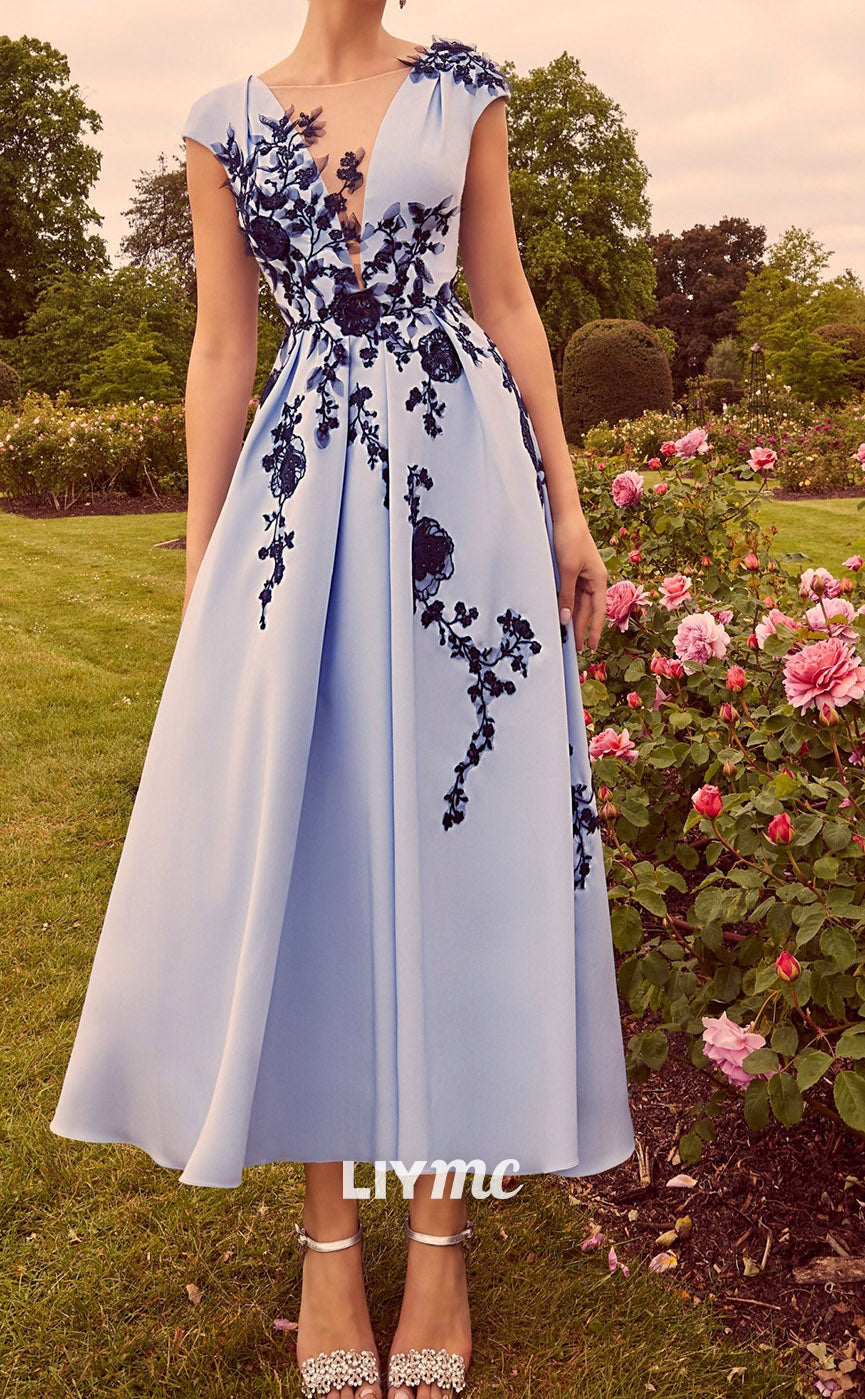 M1148 - V-Neck Sleeveless Appliques A-Line Pleated Mother of Bride Wedding Guest Dress