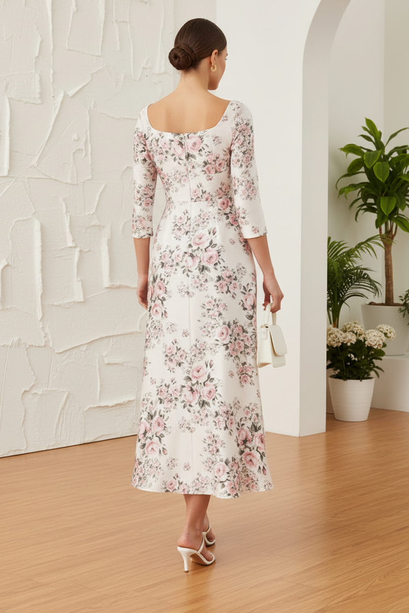 Square Long Sleeves Floral Printed A-Line Mother of Bride Dress