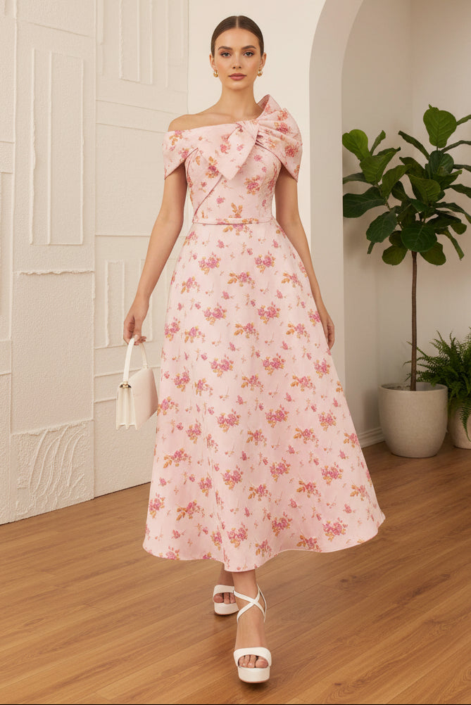 Off-Shoulder Printed Bow A-Line Mother of Bride Dress