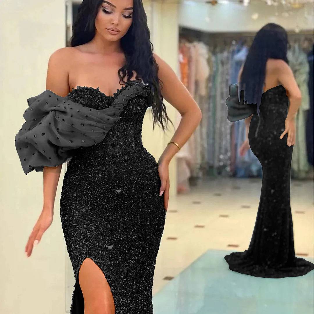 Gorgeous One Shoulder Sweetheart Mermaid Split Evening Dress With Sequins Off-The-Shoulder