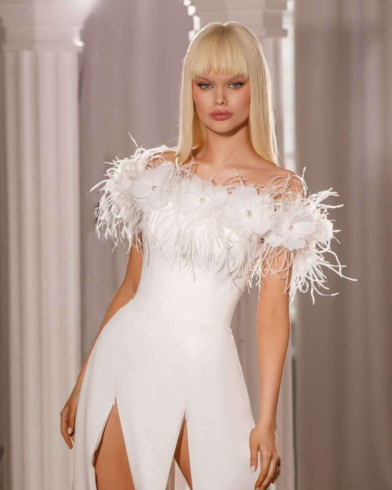 boho satin long bride bridal ivory summer wedding dress beach a line off shoulder sexy open sexy slit bohemian light feathers Unique wedding