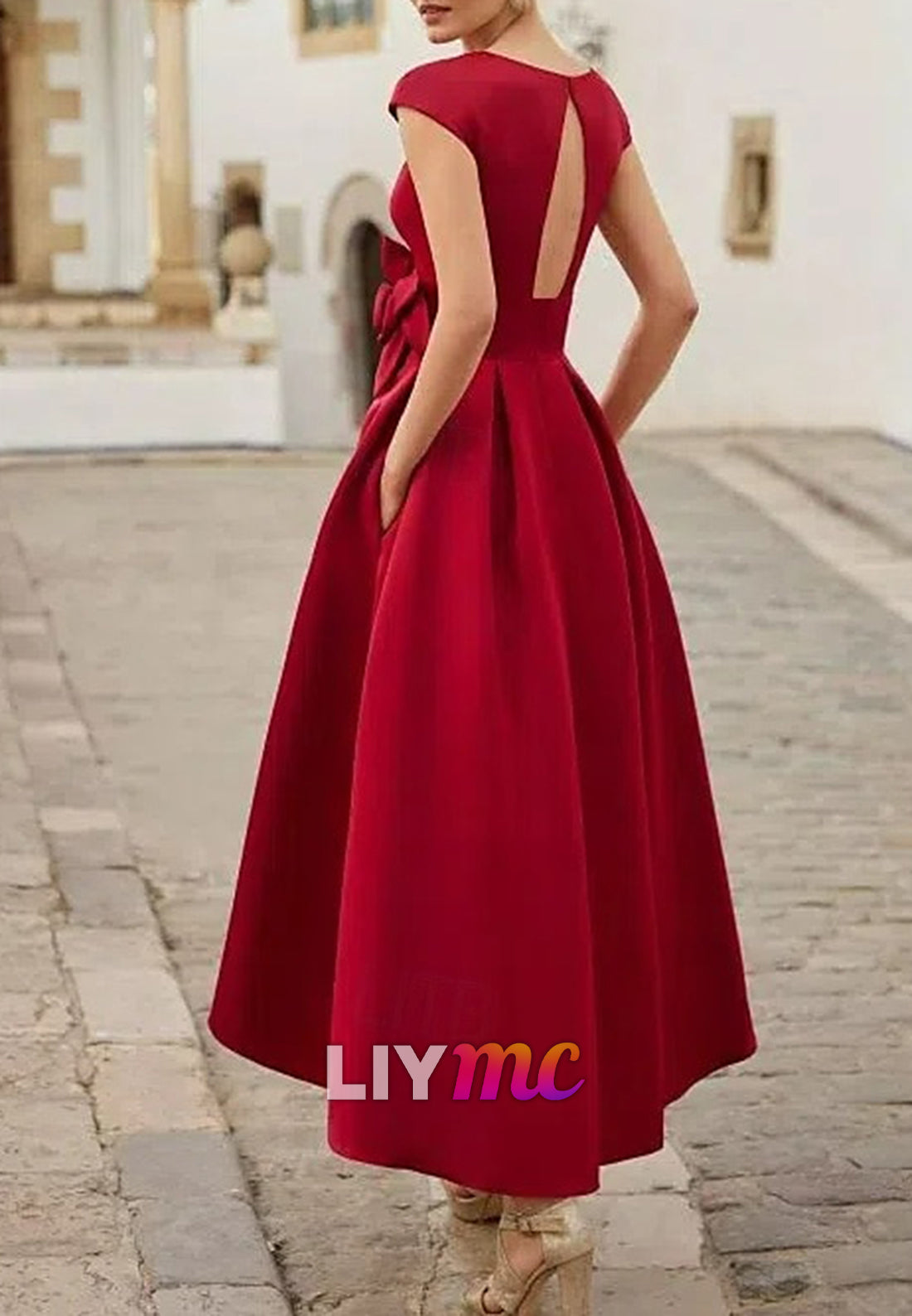 A-Line Cocktail Dresses Beach Wedding Elegant Dress Formal Asymmetrical Short Sleeve V Neck Pocket Satin