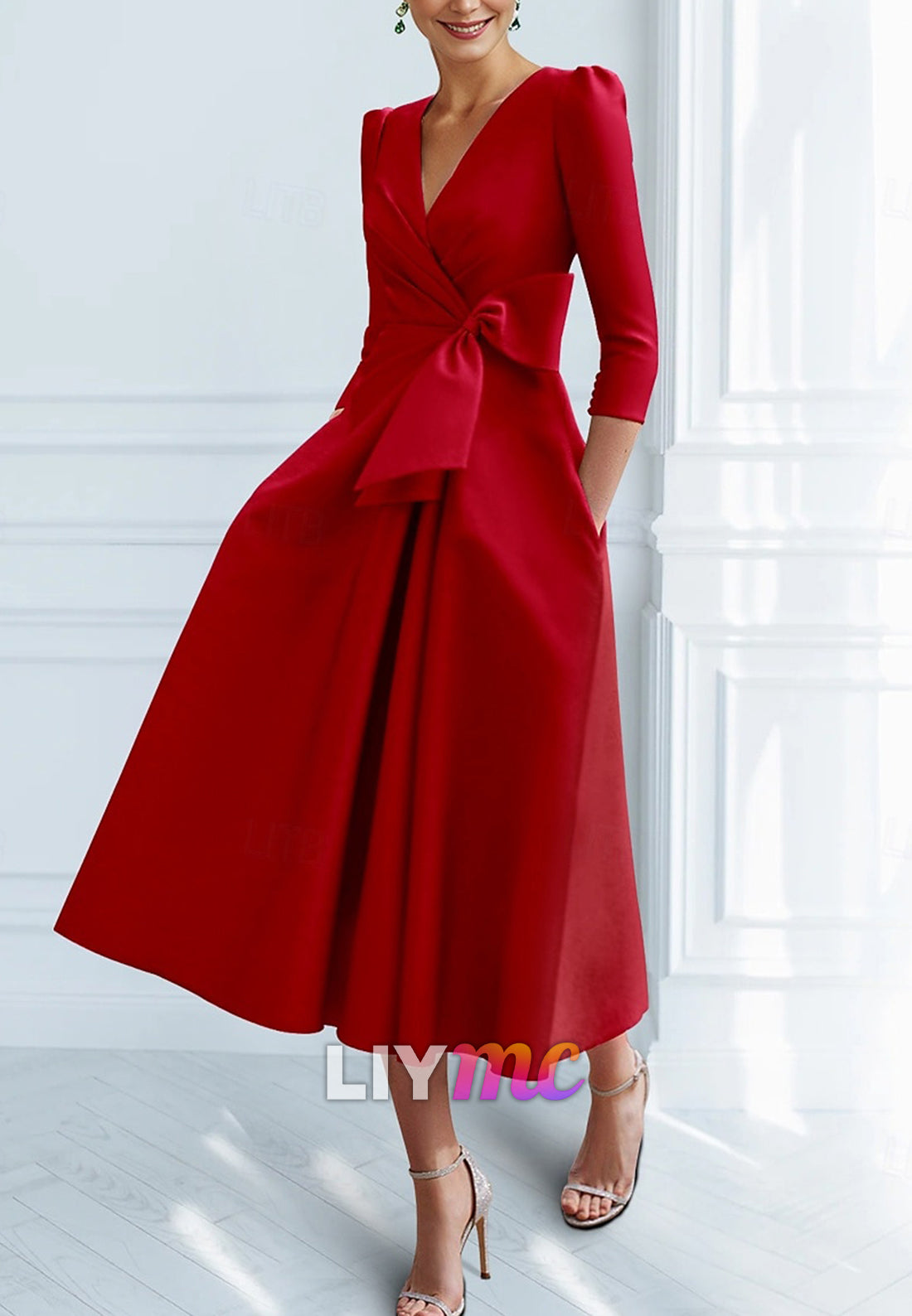 A-Line Cocktail Dresses Elegant Dress Formal Ankle Length V Neck Pocket with Bow