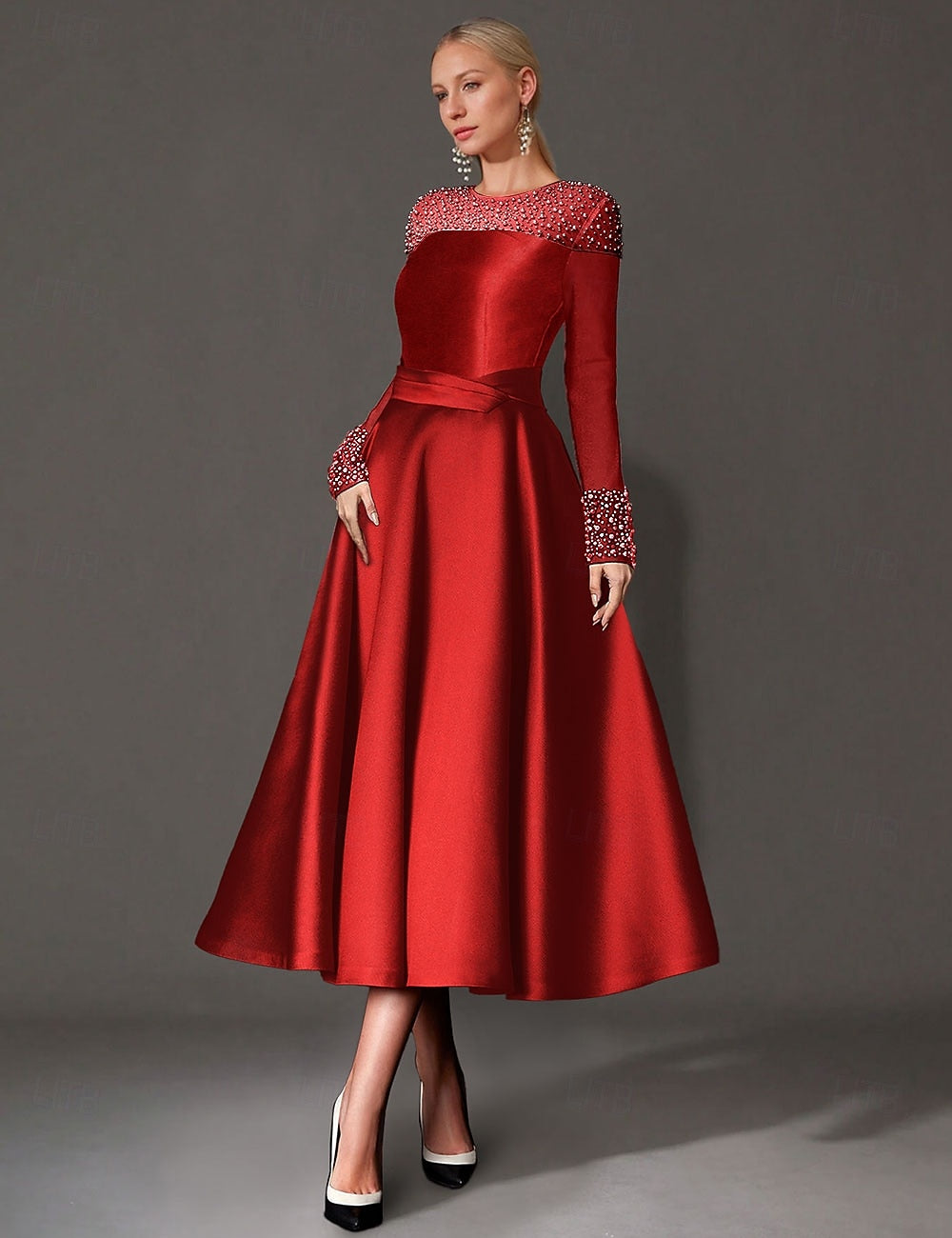 A-Line Cocktail Dresses Elegant Dress Formal Tea Length Long Sleeve Jewel Neck Satin with Pearls Dresses