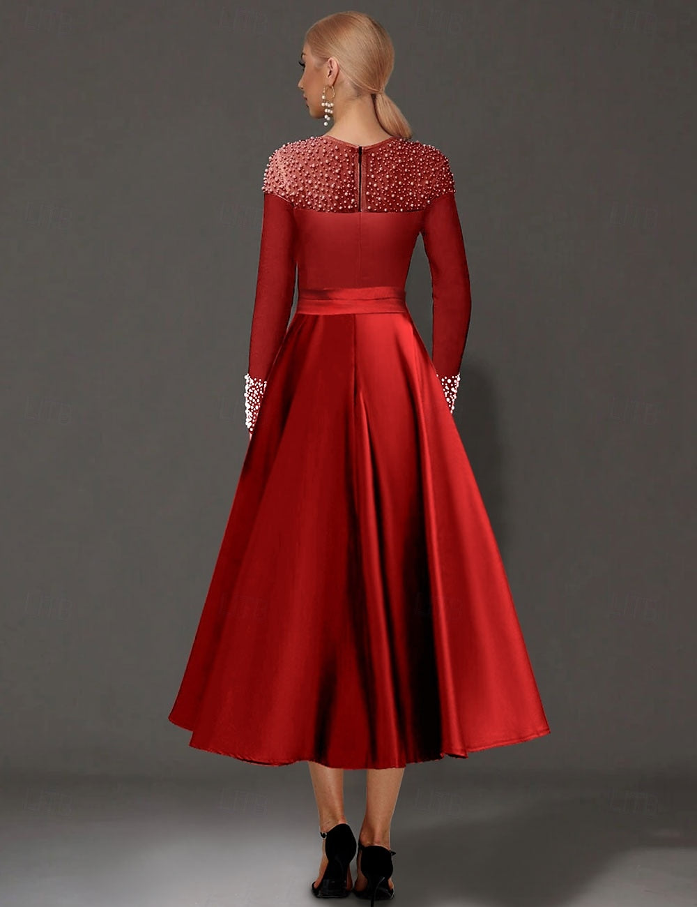 A-Line Cocktail Dresses Elegant Dress Formal Tea Length Long Sleeve Jewel Neck Satin with Pearls Dresses