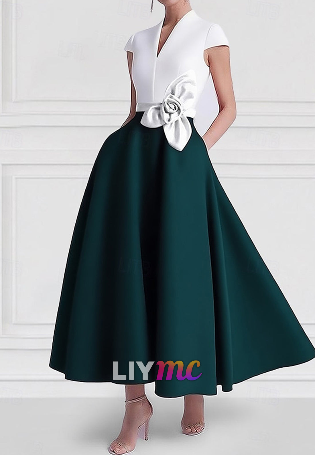 A-Line Cocktail Dresses Elegant Dress Formal Wedding Ankle Length Short Sleeve V Neck Pocket Satin with Pocket
