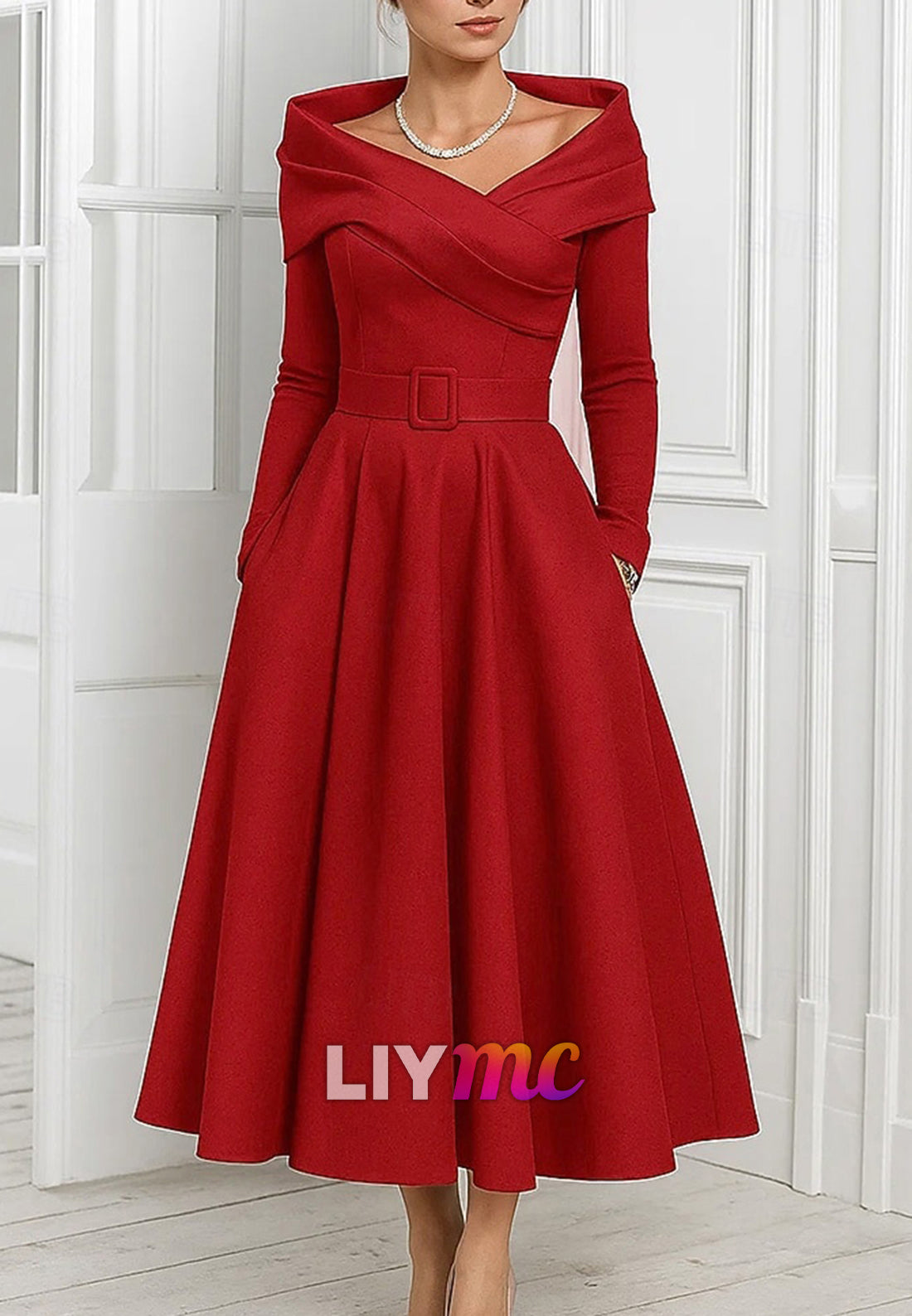 A-Line Cocktail Dresses Elegant Formal Dress Formal Wedding Tea Length Long Sleeve