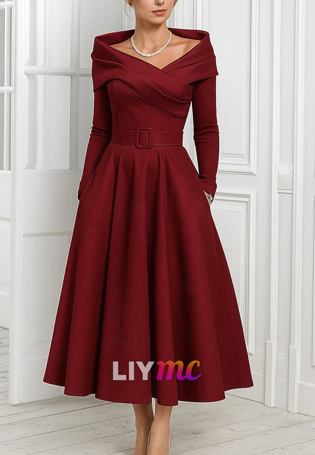 A-Line Cocktail Dresses Elegant Formal Dress Formal Wedding Tea Length Long Sleeve