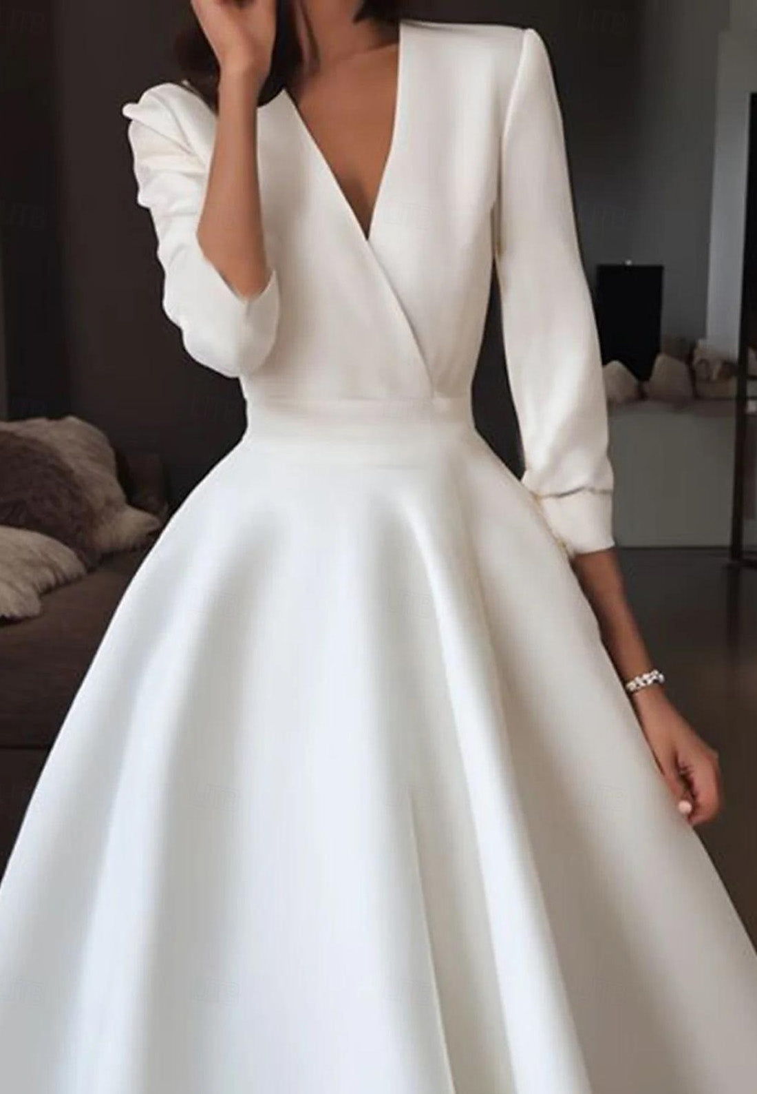 A-Line Long Sleeves Sleek Satin Midi Simple Wedding Dress