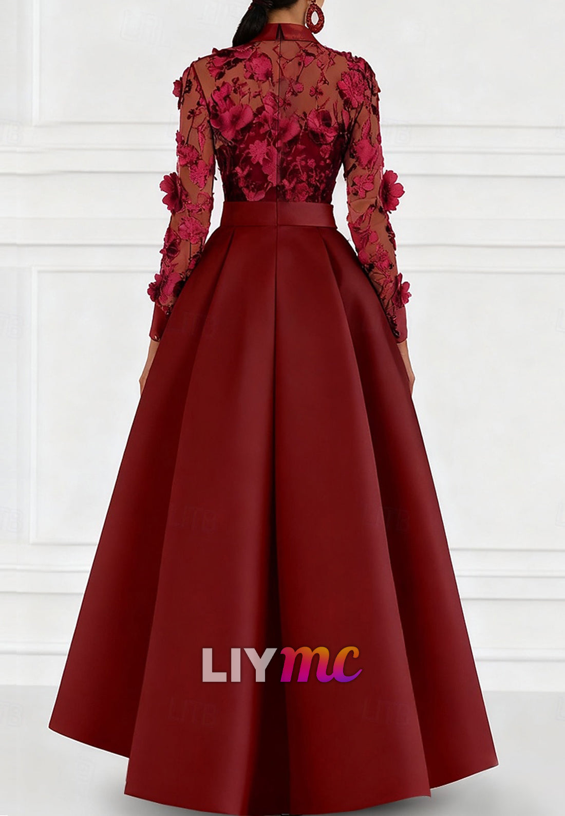 A-Line Mother of the Bride Dress Elegant Shirt Collar Floor Length Satin Lace Long Sleeve with Embroidery