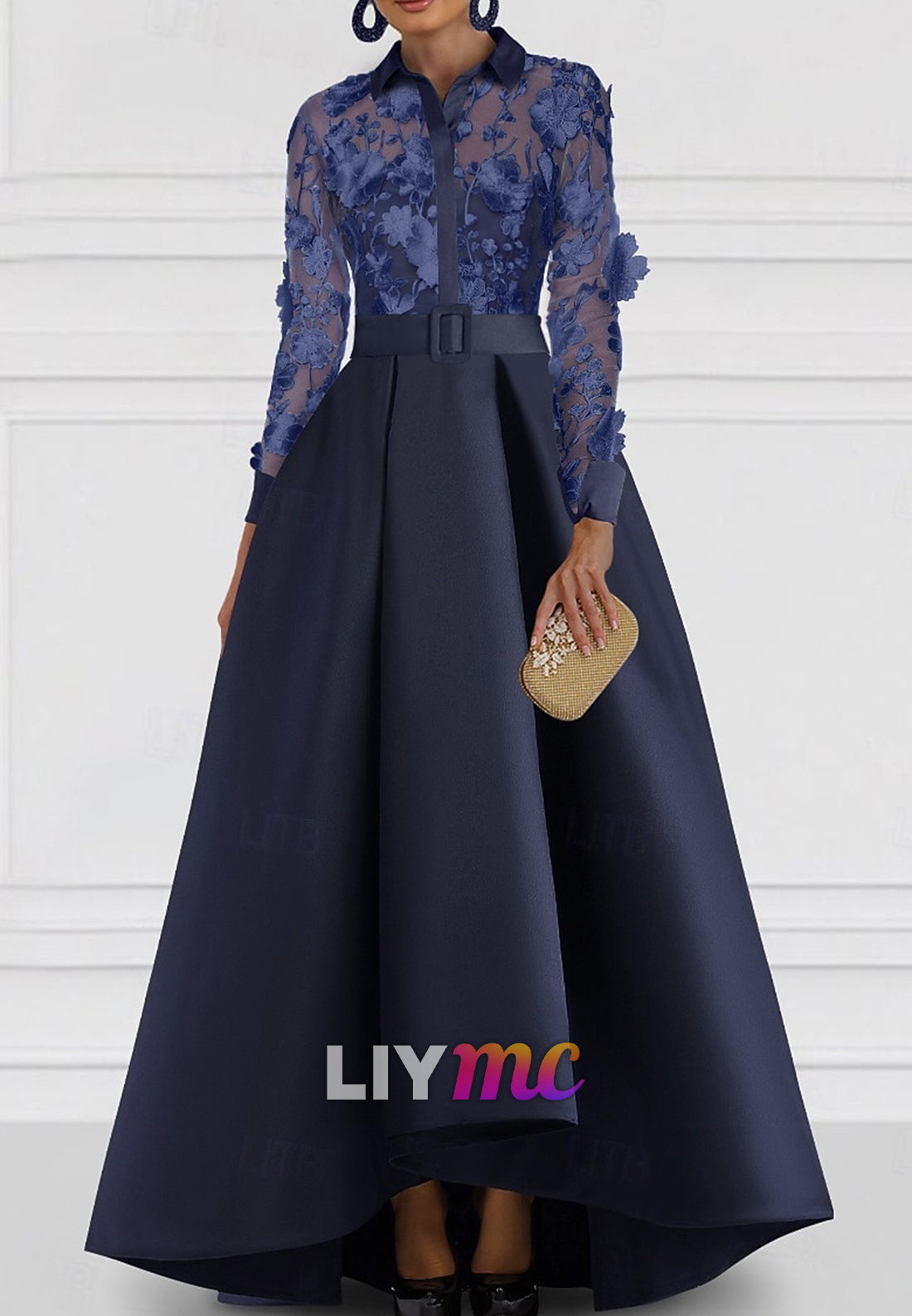 A-Line Mother of the Bride Dress Elegant Shirt Collar Floor Length Satin Lace Long Sleeve with Embroidery