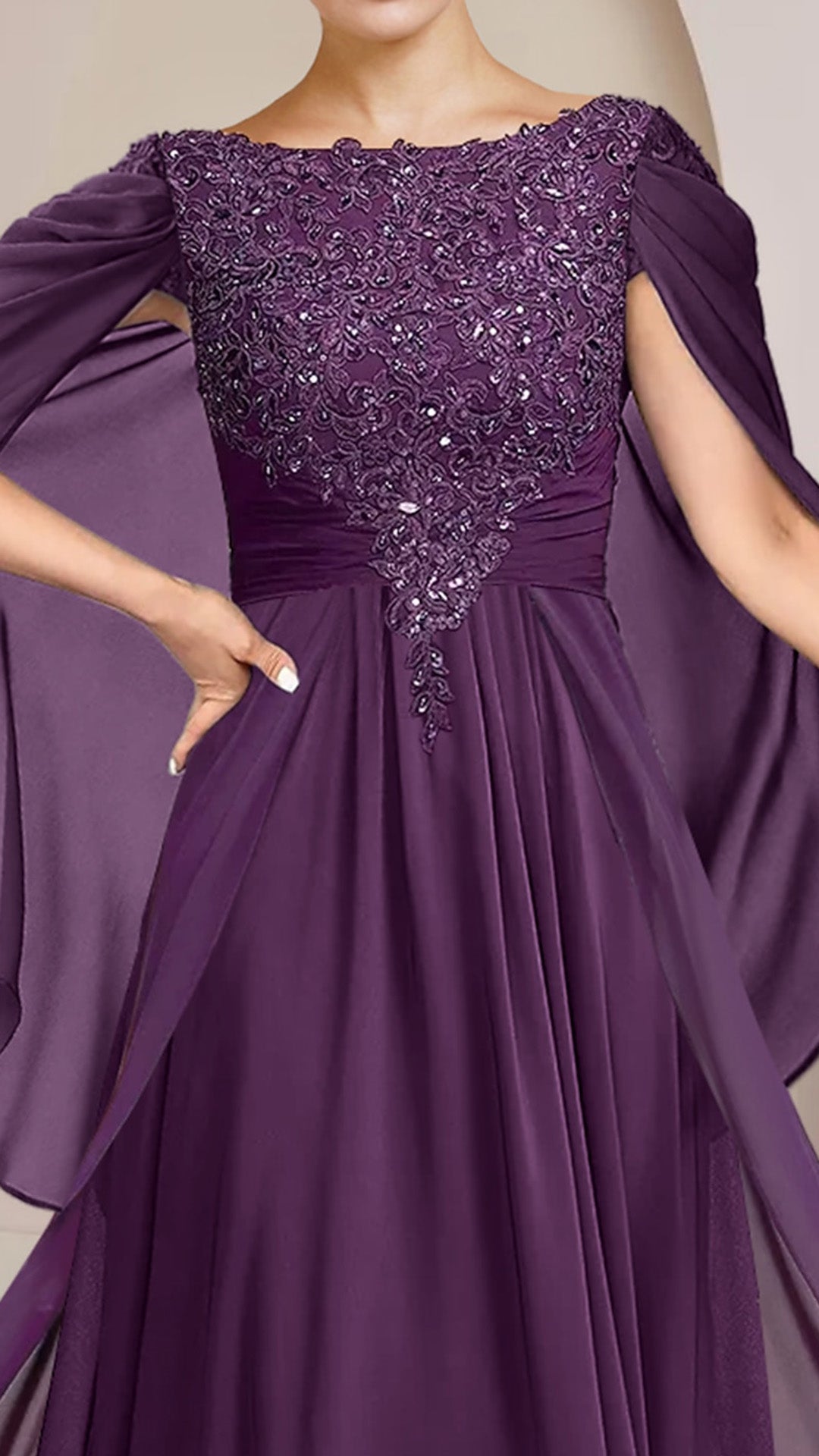 M1075 - A-Line Mother of the Bride Dress Floor Length Chiffon Lace Sleeveless with Beading Sequin Appliques
