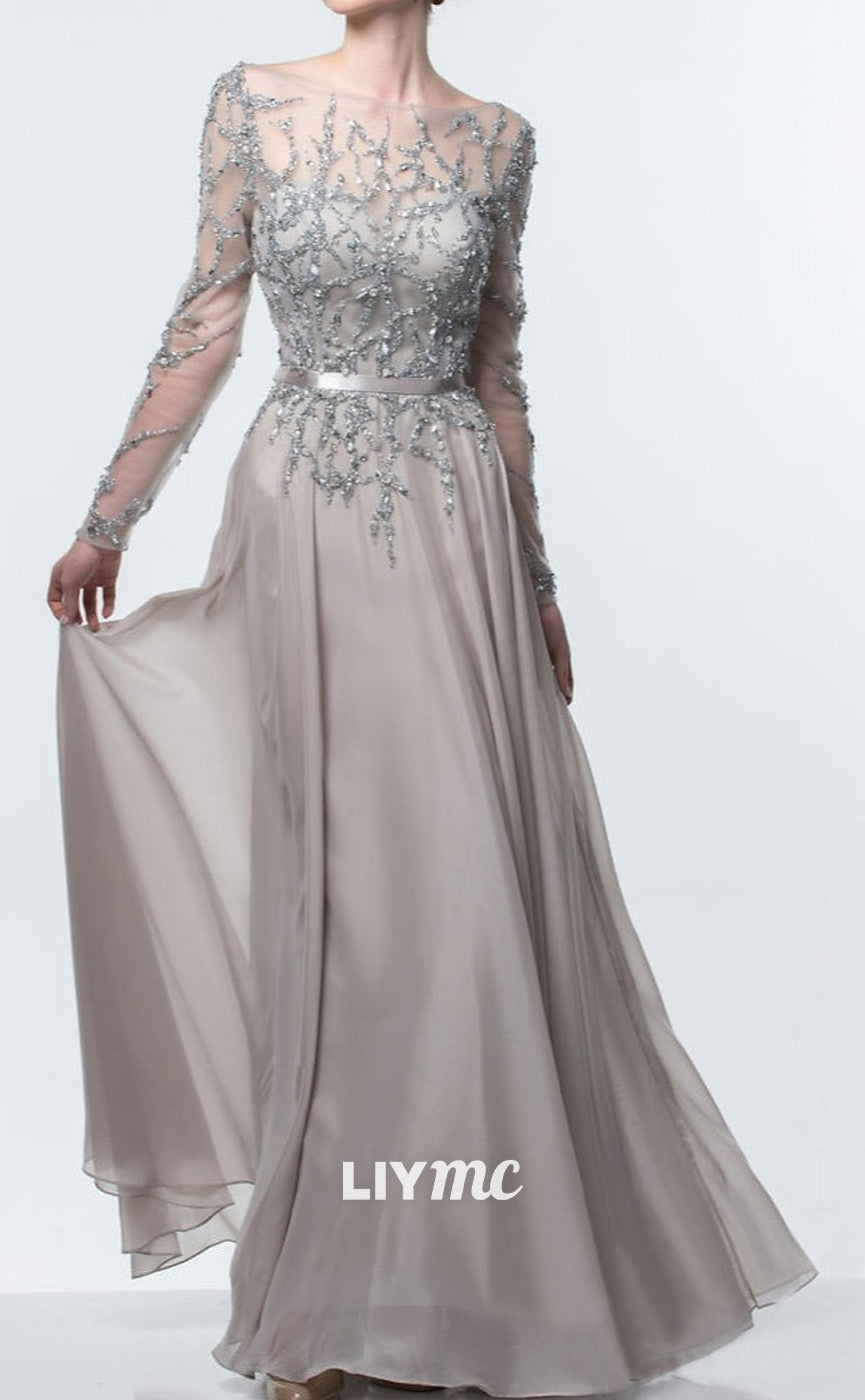 M1093 - A-Line Mother of the Bride Dress Floor Length Chiffon Sequined Long Sleeve with Sequin