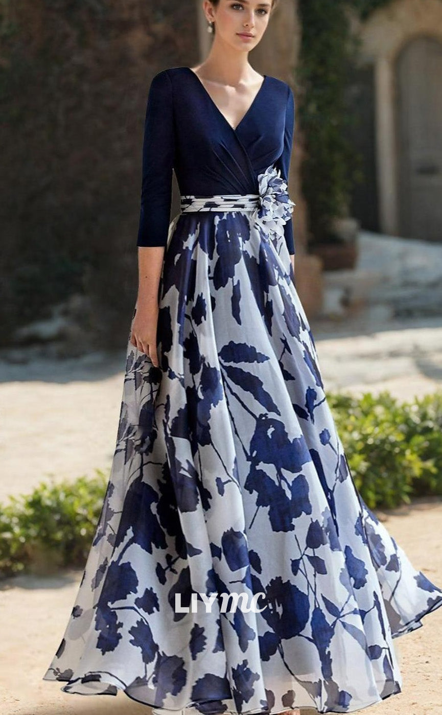 M1005 - A-Line Mother of the Bride Dress Floral V Neck Floor Length Chiffon 34 Length Sleeve