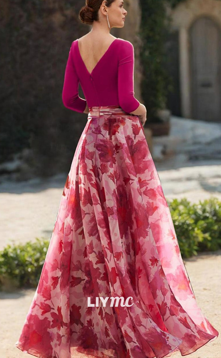 M1005 - A-Line Mother of the Bride Dress Floral V Neck Floor Length Chiffon 34 Length Sleeve