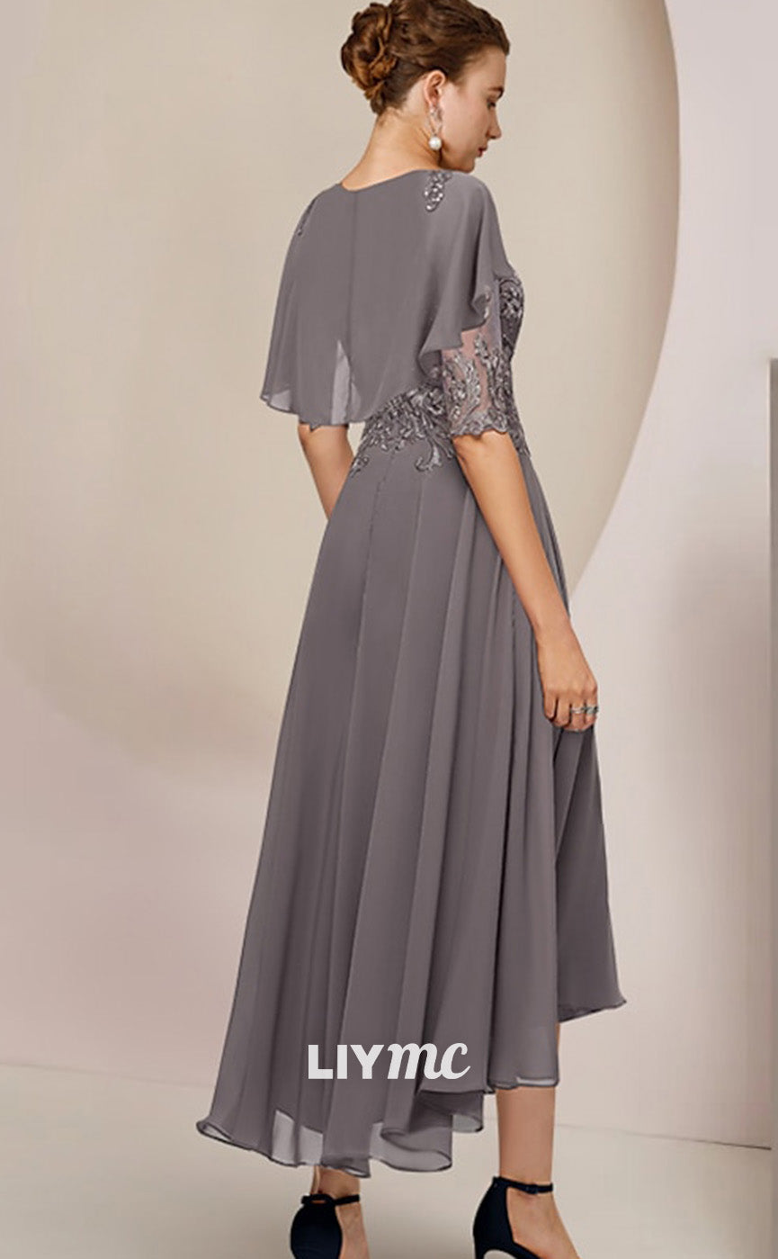 M1018 - A-Line Wedding Guest Elegant Scoop Asymmetrical Half Sleeve with Beading Appliques