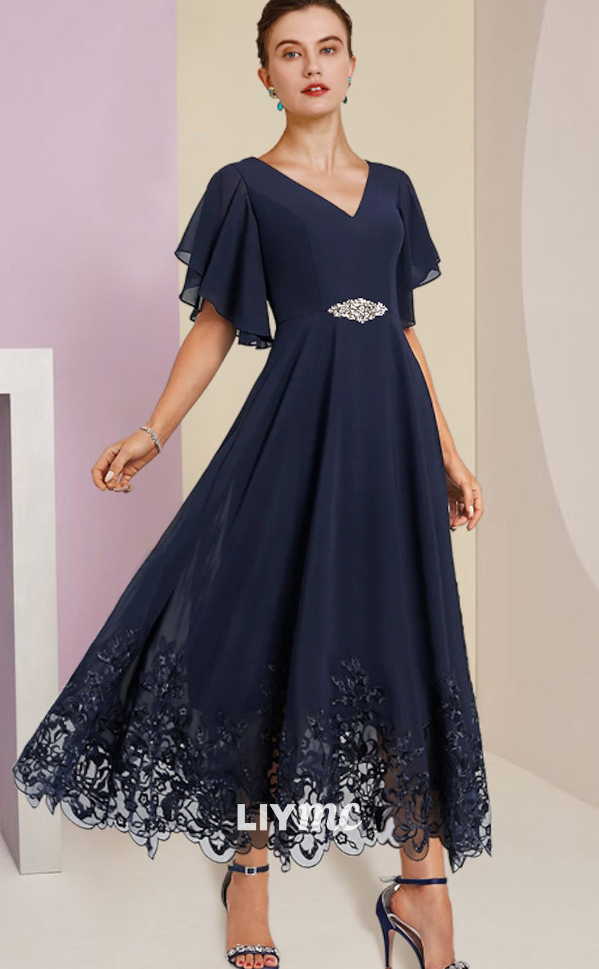 M1009 - A-Line Mother of the Bride Dress V Neck Short Sleeve with Appliques