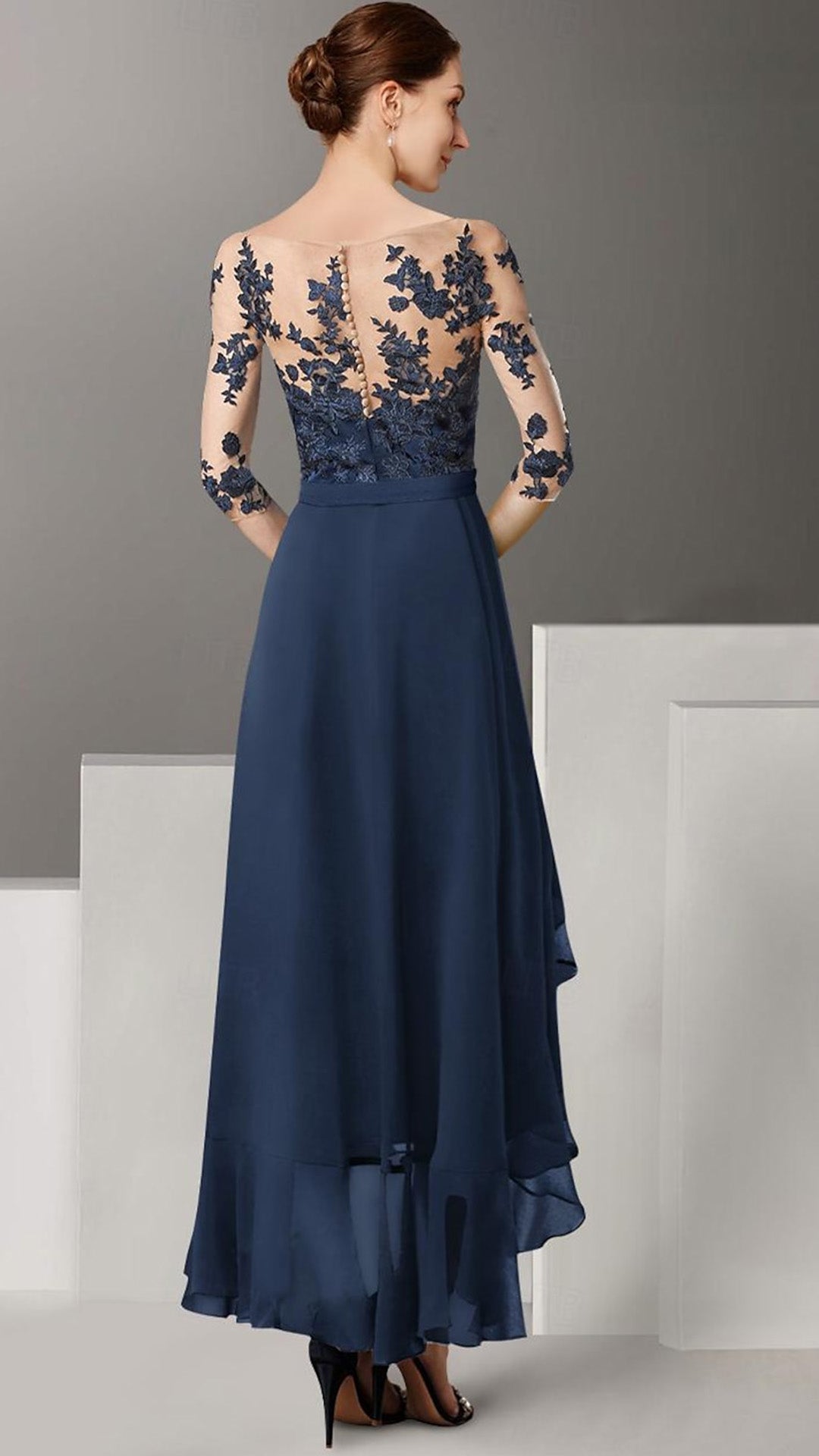 M1064 - A-Line Mother of the Bride Dress High Low Off Shoulder Lace Half Sleeve with Pleats Appliques