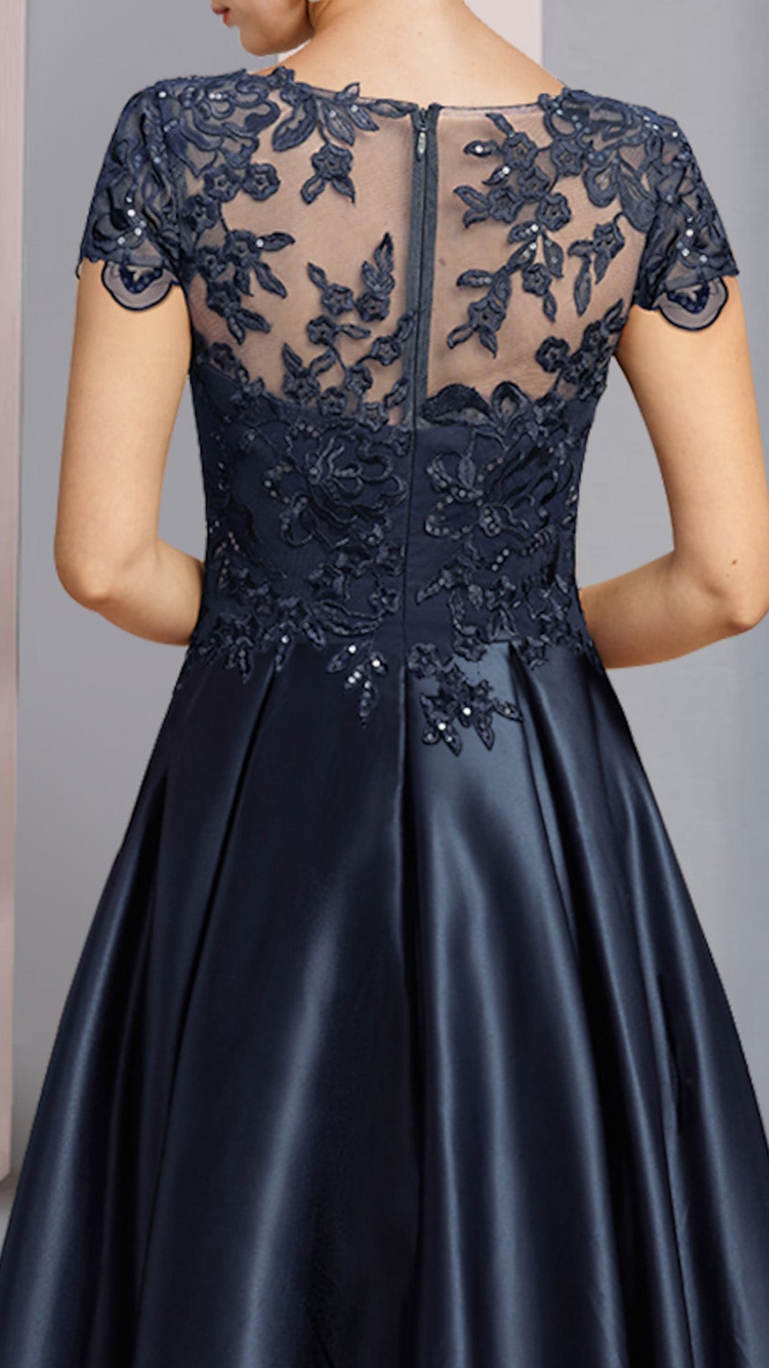 M1065 - A-Line Mother of the Bride Dress High Low Scoop Neck Asymmetrical Cap Sleeve with Sequin Appliques