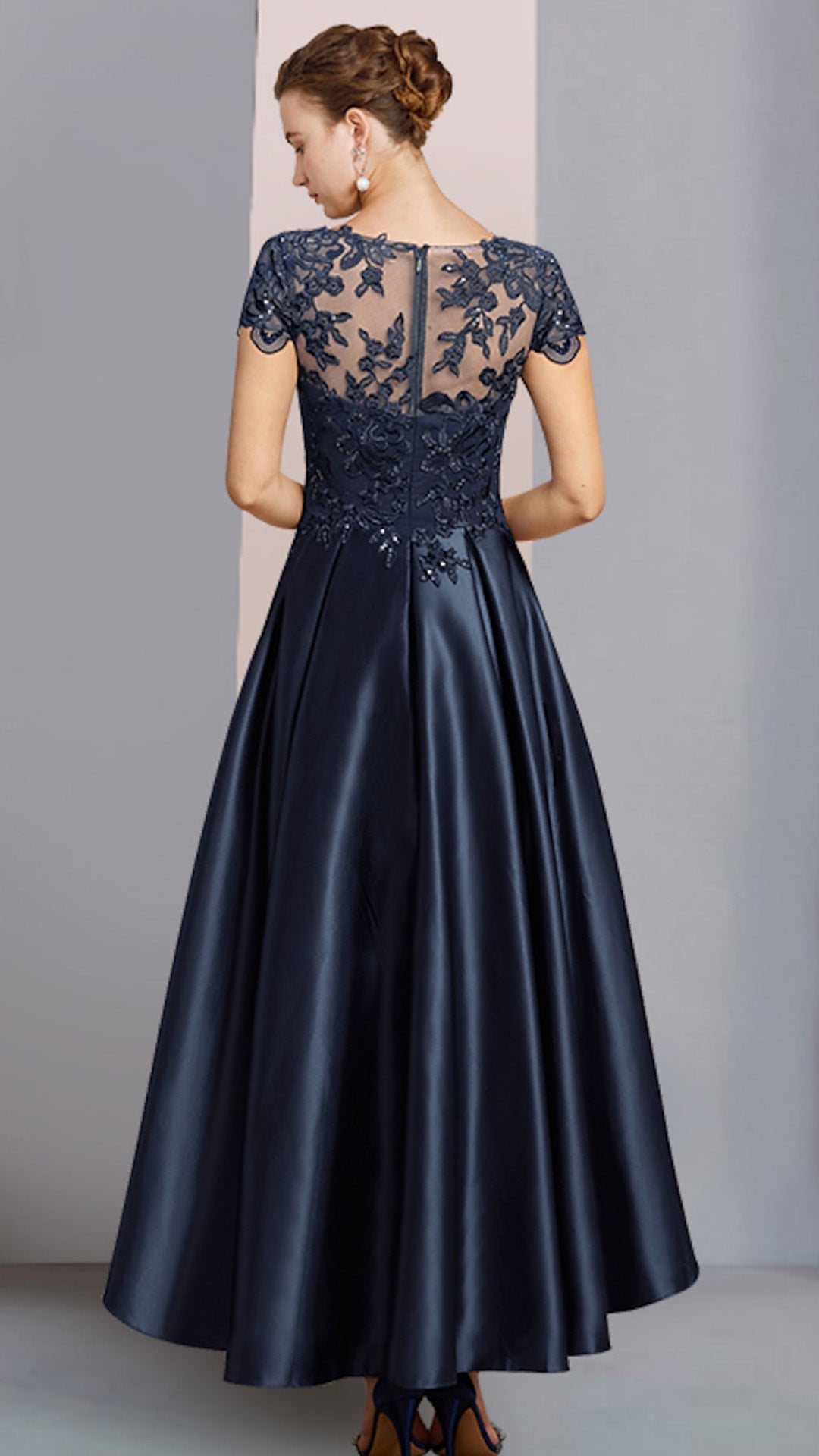 M1065 - A-Line Mother of the Bride Dress High Low Scoop Neck Asymmetrical Cap Sleeve with Sequin Appliques