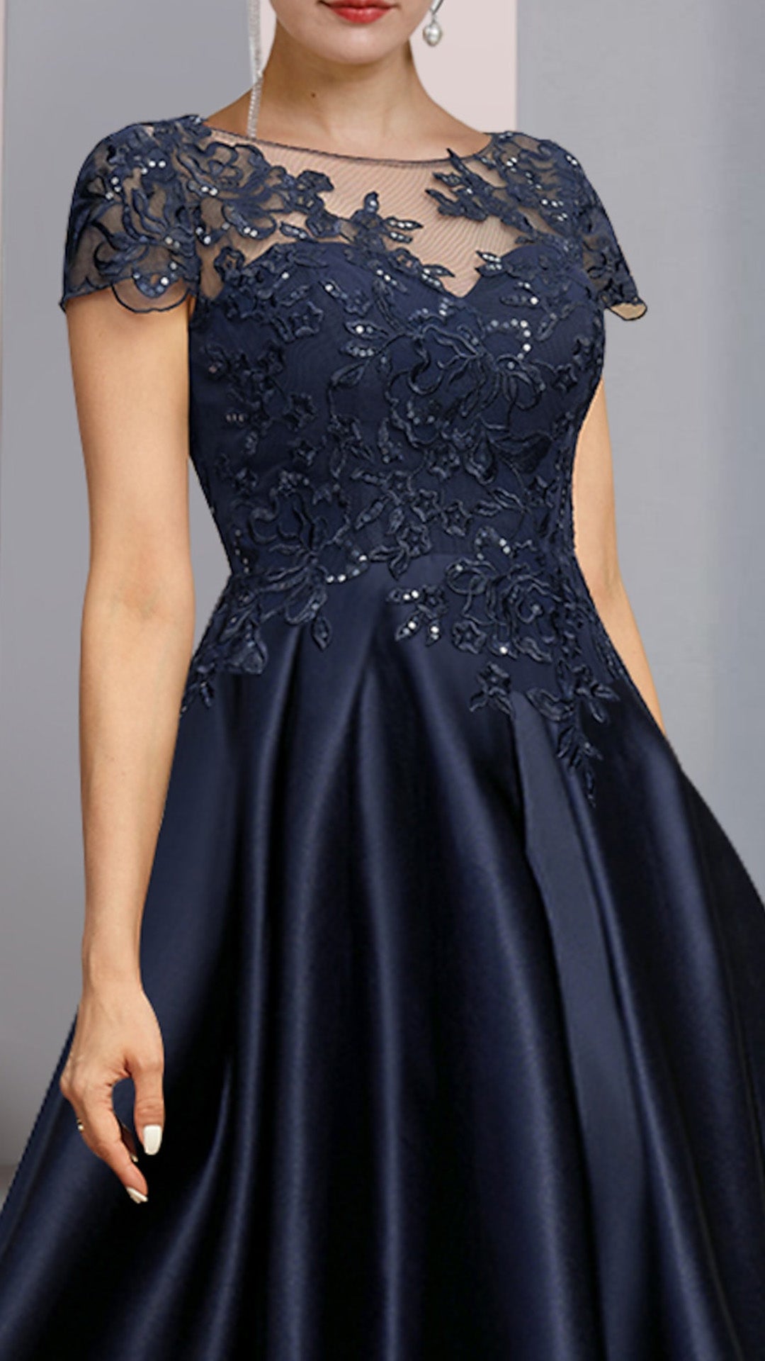 M1065 - A-Line Mother of the Bride Dress High Low Scoop Neck Asymmetrical Cap Sleeve with Sequin Appliques