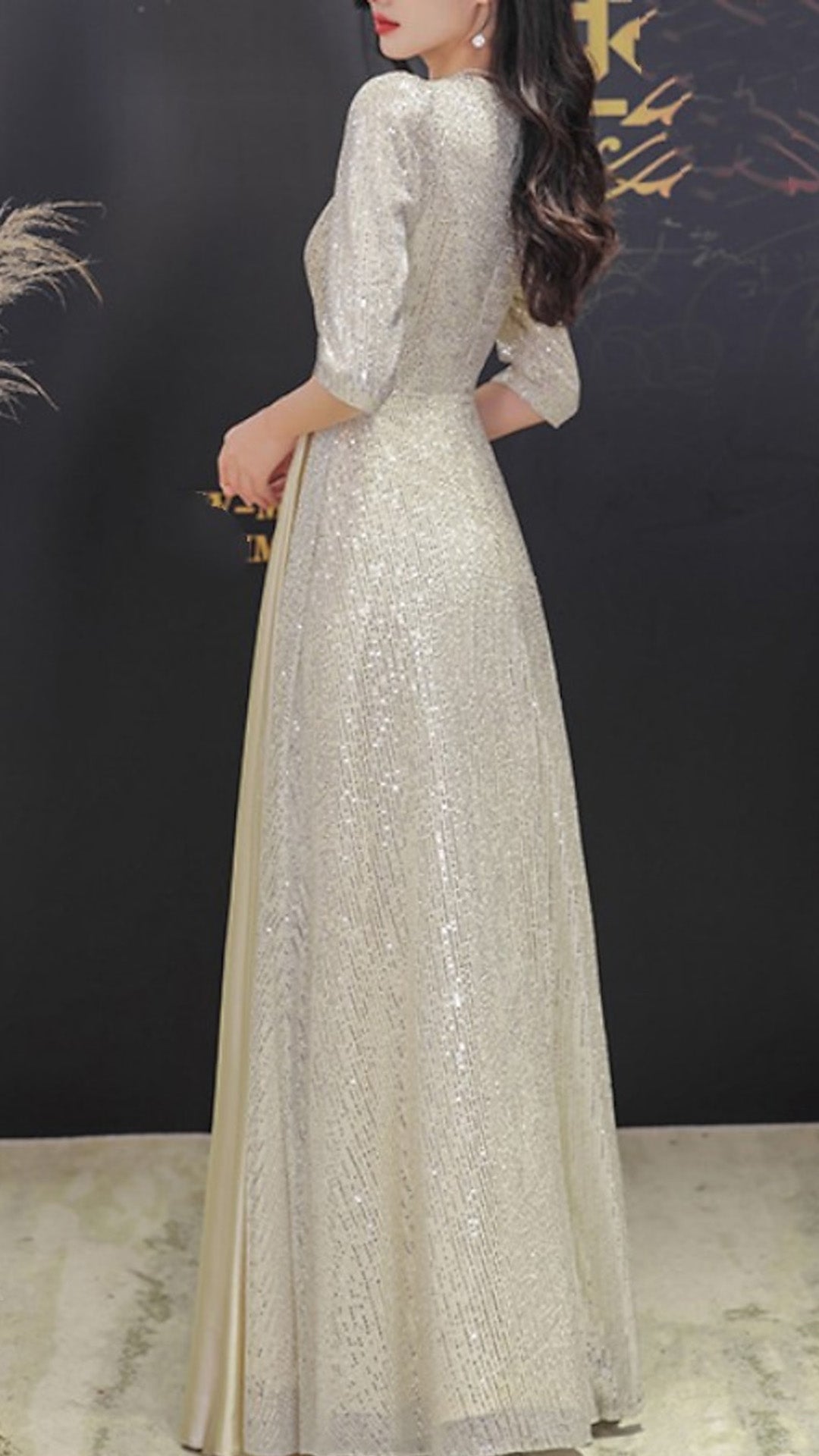 M1068 - A-Line Mother of the Bride DressShine Petite V Neck Sweep Brush Train Sequined Half Sleeve with Pleats Crystal Brooch