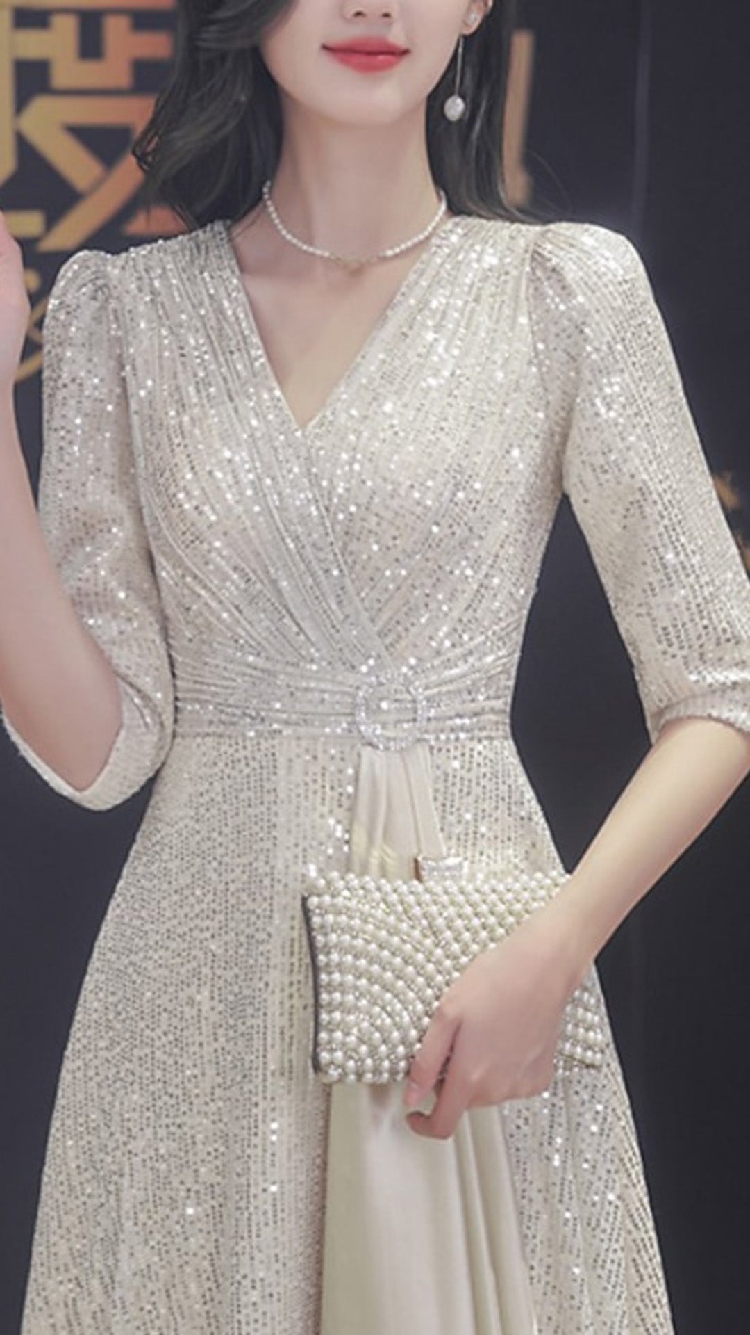 M1068 - A-Line Mother of the Bride DressShine Petite V Neck Sweep Brush Train Sequined Half Sleeve with Pleats Crystal Brooch