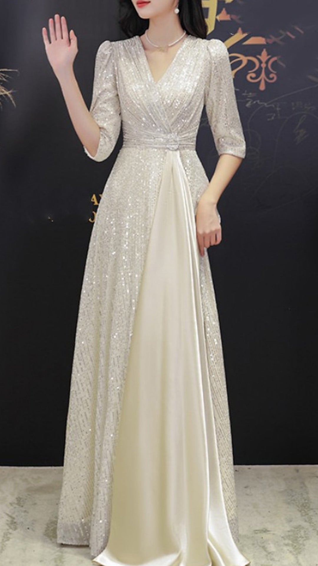 M1068 - A-Line Mother of the Bride DressShine Petite V Neck Sweep Brush Train Sequined Half Sleeve with Pleats Crystal Brooch