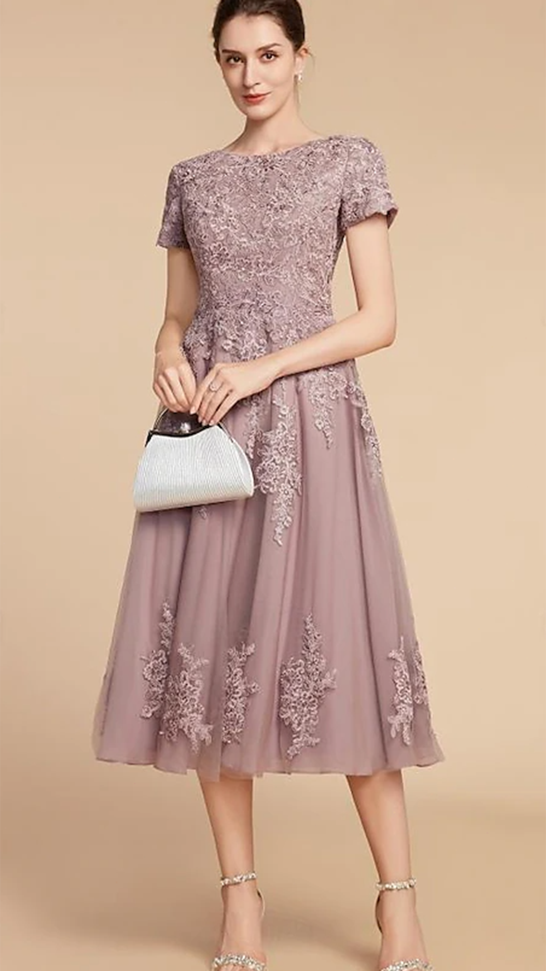 M1056 - A-Line Mother of the Bride DressTulle Short Sleeve with Ruching Flower