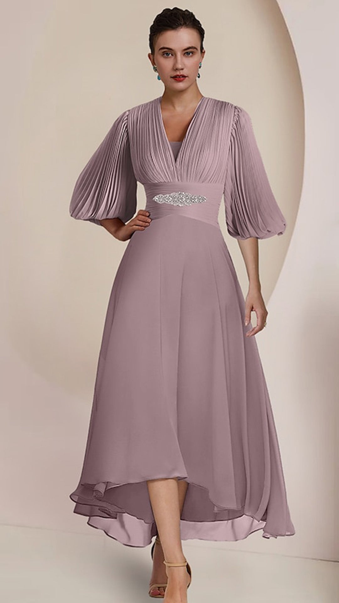 M1057 - A-Line Mother of the Bride Dress V Neck Tea Length Chiffon 34 Liymc M1057 - A-Line Mother of the Bride Dress V Neck Tea Length Chiffon 34 Liymc