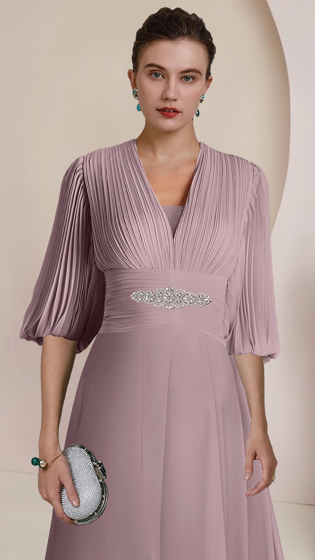 M1057 - A-Line Mother of the Bride Dress  V Neck Tea Length Chiffon 34 Length Sleeve with Pleats