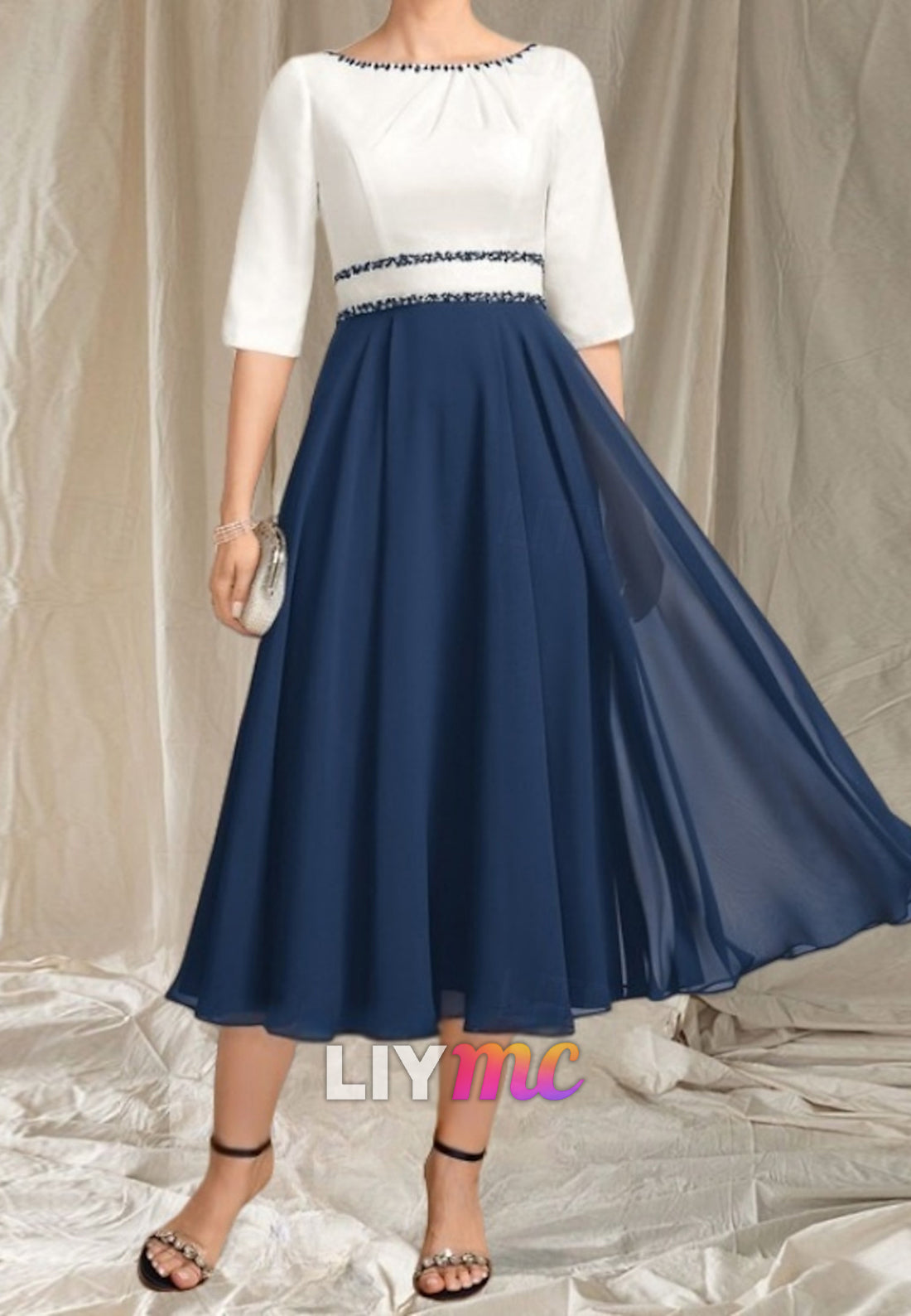 A-Line Mother of the Bride Dress Wedding Guest Elegant Crew Neck Tea Length Chiffon