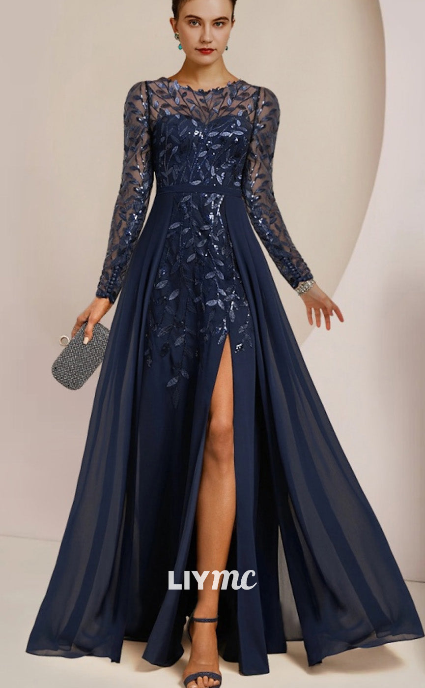 M1011 - A-Line Mother of the Bride Dress Jewel Neck Floor Length Chiffon Lace Sequined Long Sleeve with Split