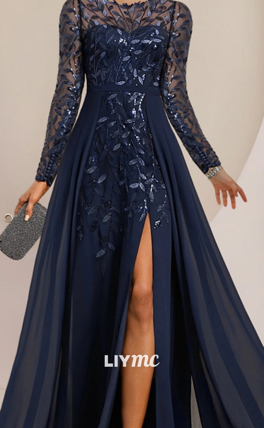 M1011 - A-Line Mother of the Bride Dress Jewel Neck Floor Length Chiffon Lace Sequined Long Sleeve with Split