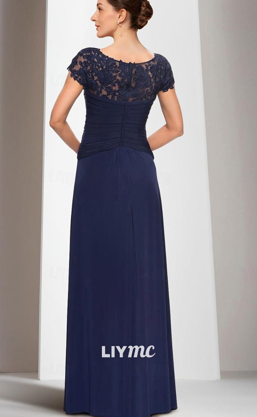 M1078 - A-Line Mother of the Bride Dress Wedding Guest Elegant Simple Jewel Neck Floor Length Chiffon Short Sleeve
