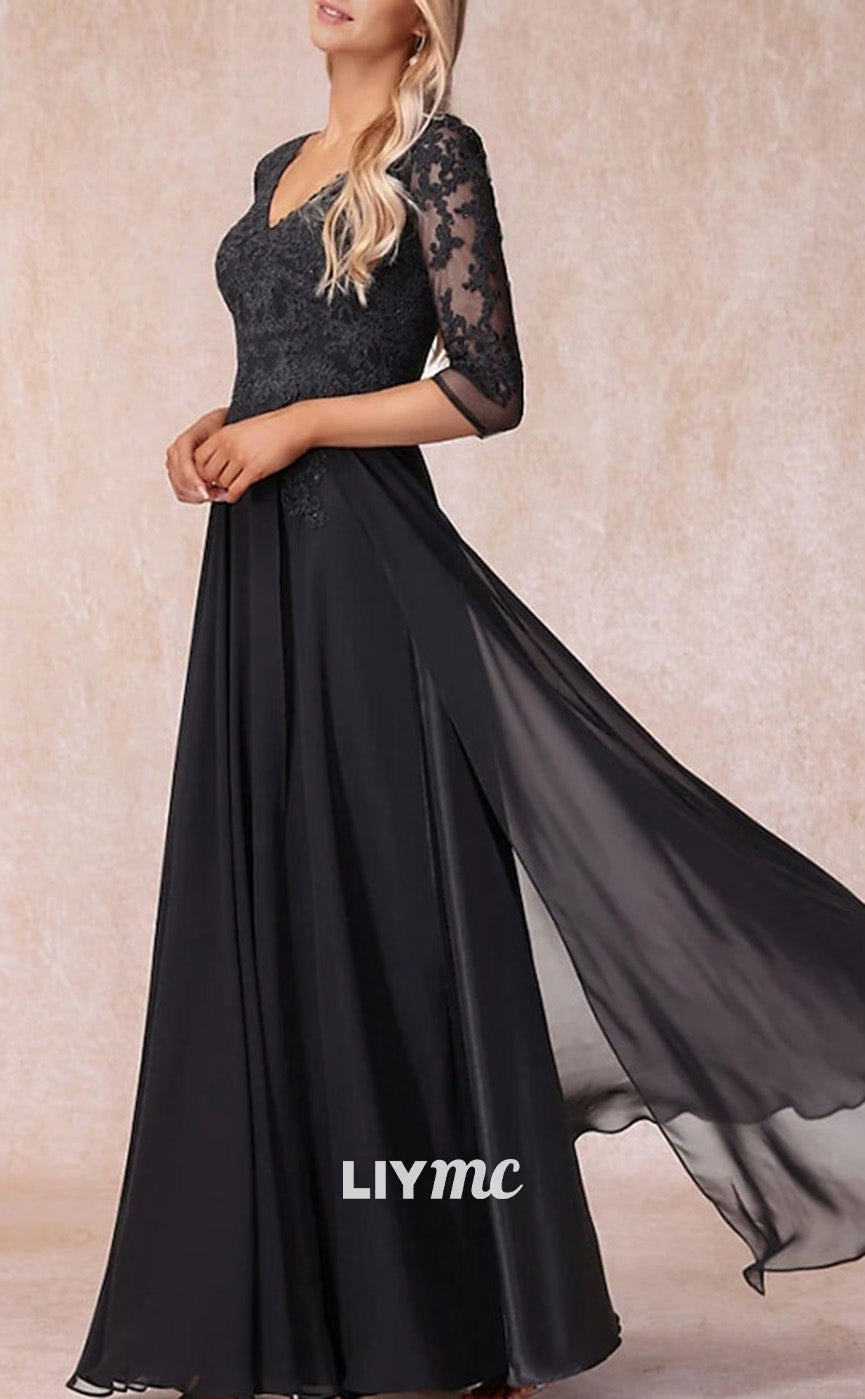 M1091 - A-Line Mother of the Bride Dress Wedding Guest Elegant V Neck Floor Length Chiffon Lace 34 Length Sleeve