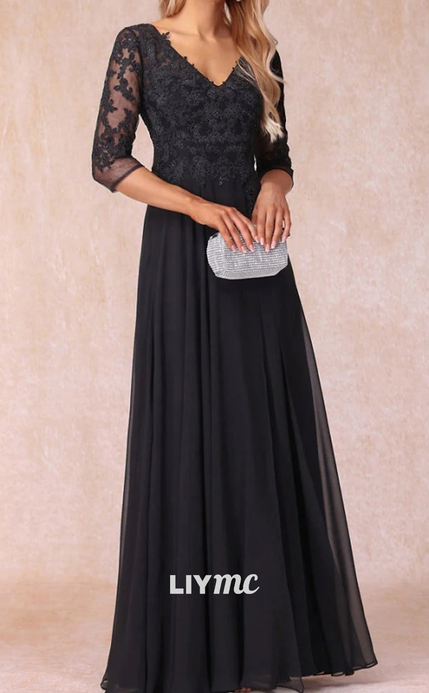 M1091 - A-Line Mother of the Bride Dress Wedding Guest Elegant V Neck Floor Length Chiffon Lace 34 Length Sleeve