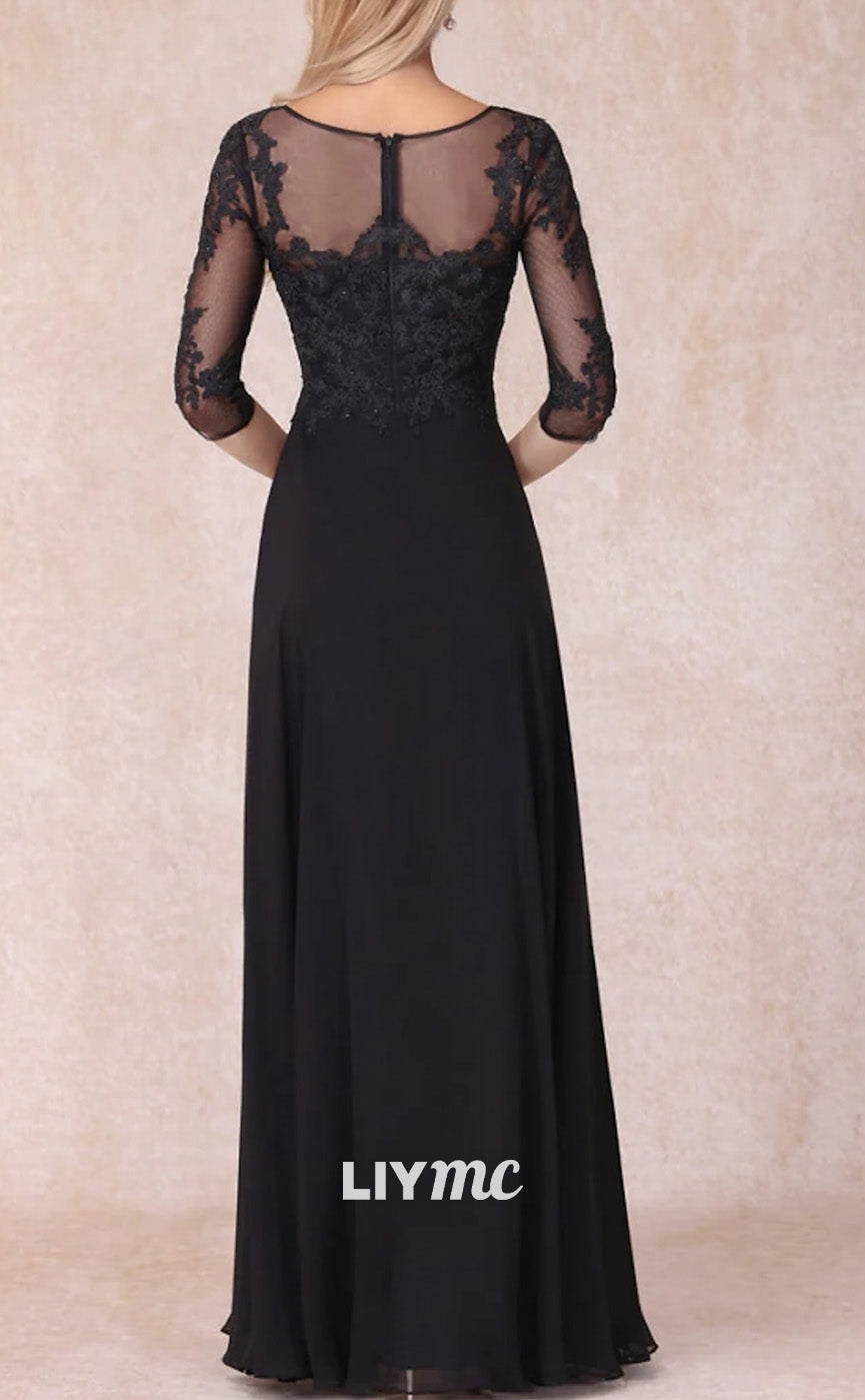 M1091 - A-Line Mother of the Bride Dress Wedding Guest Elegant V Neck Floor Length Chiffon Lace 34 Length Sleeve