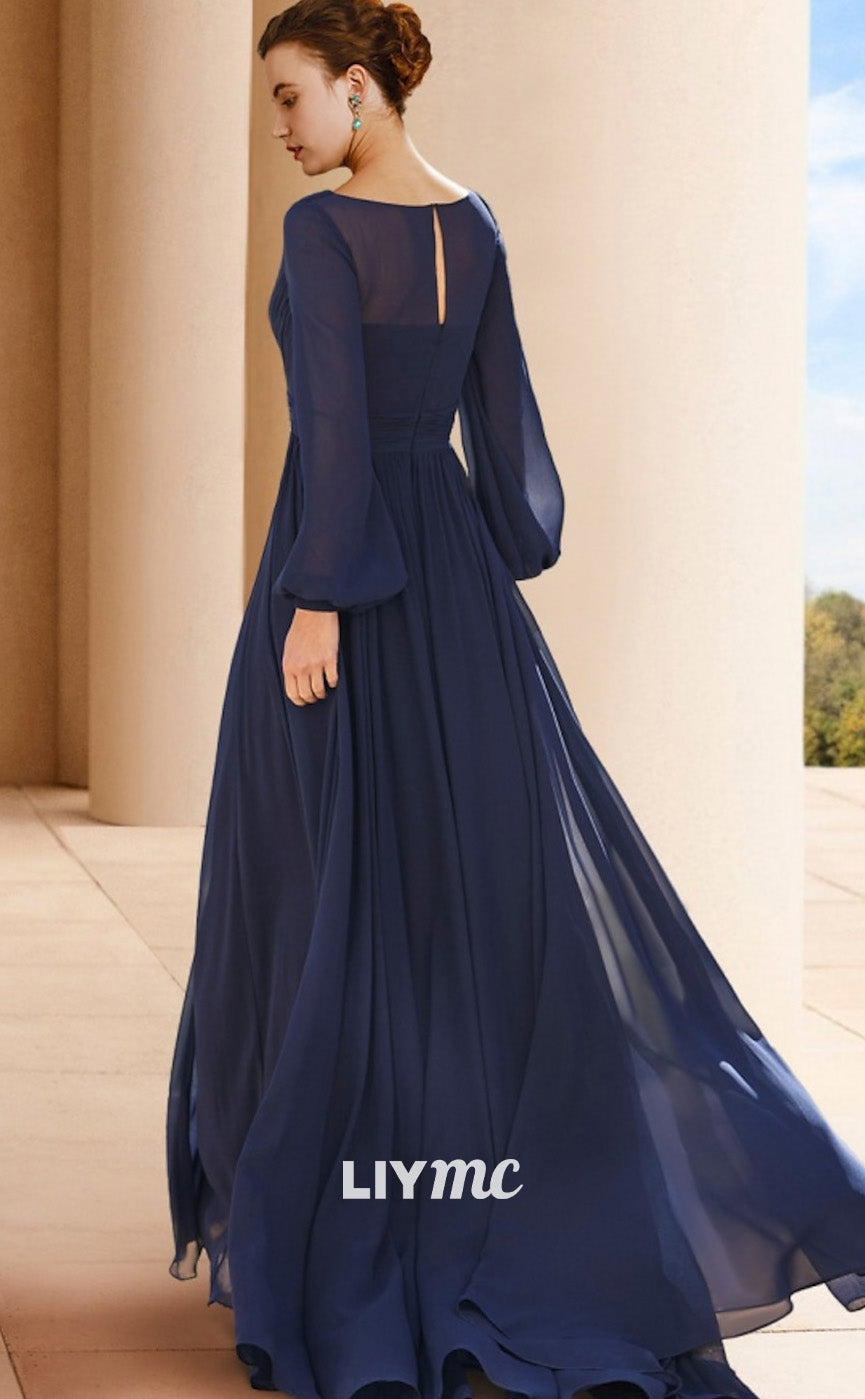M1089 - A-Line Mother of the Bride Dress Wedding Guest Elegant V Neck Floor Length Chiffon Long Sleeve