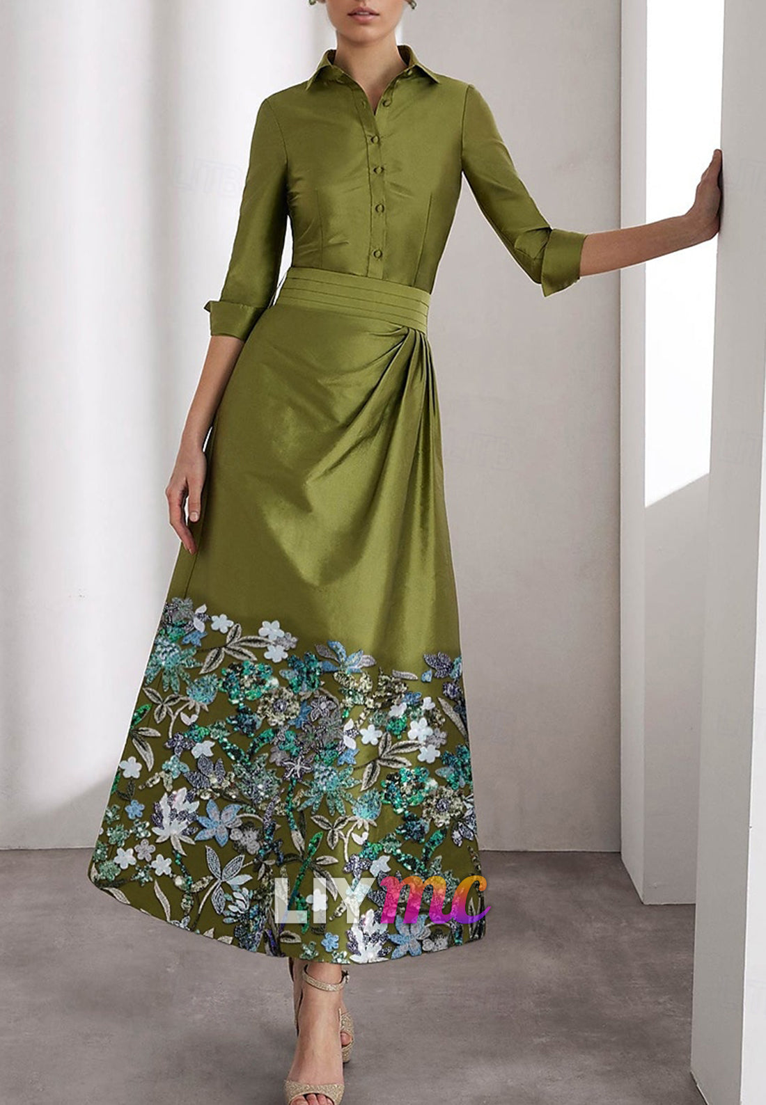 A-Line Mother of the Bride Elegant Dress Formal Floor Length Long Sleeve Shirt Collar Pocket Satin