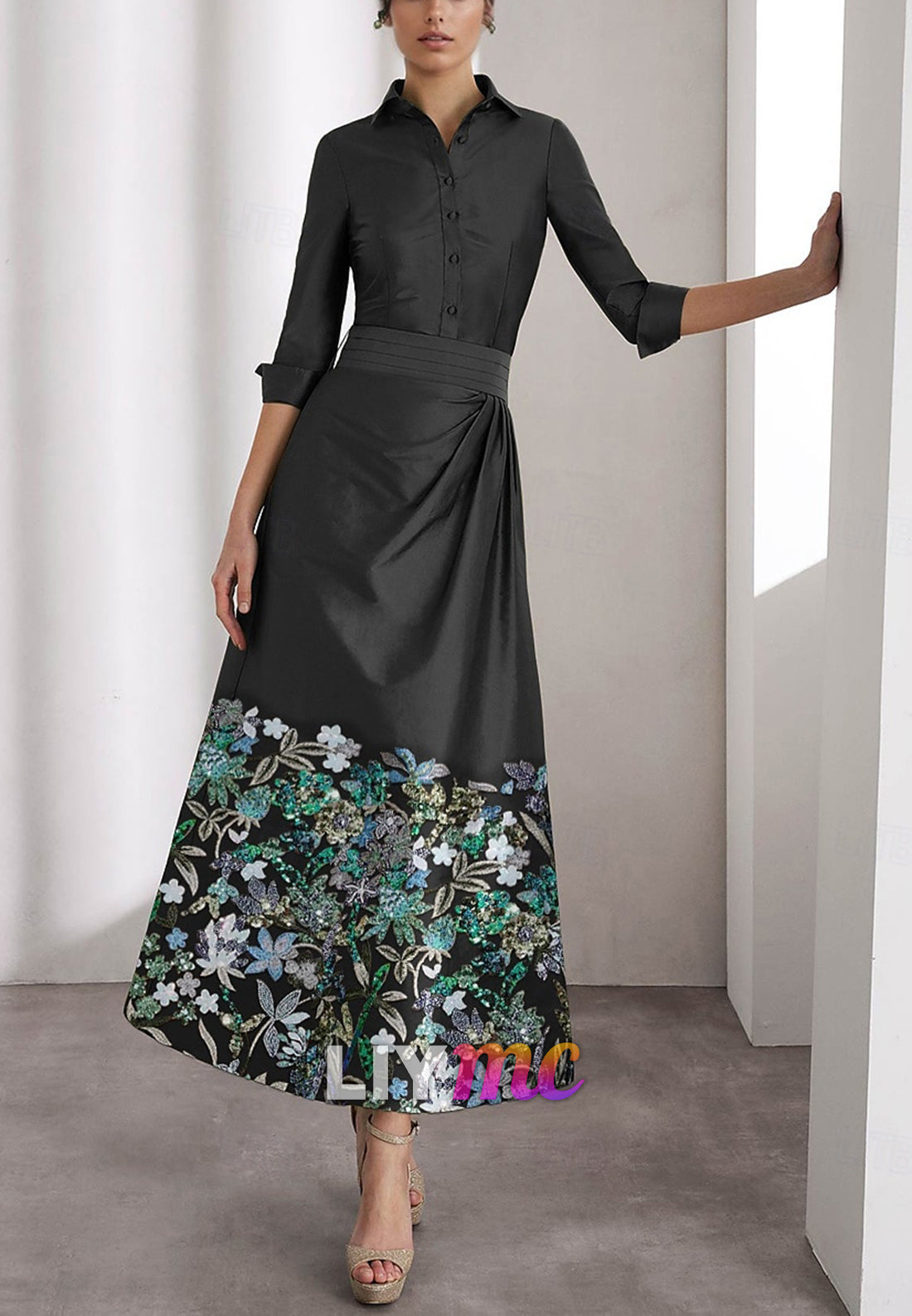 A-Line Mother of the Bride Elegant Dress Formal Floor Length Long Sleeve Shirt Collar Pocket Satin