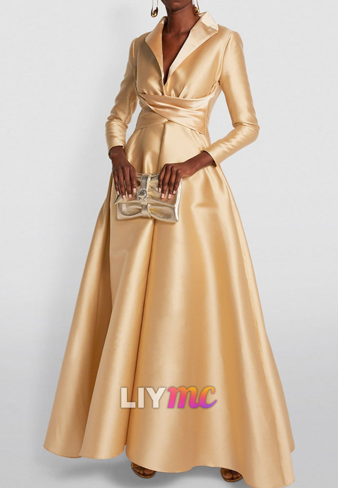 A-Line Mother of the Bride Evening Gown Elegant Dress Tuxedo Floor Length Long Sleeve Shirt Collar Satin