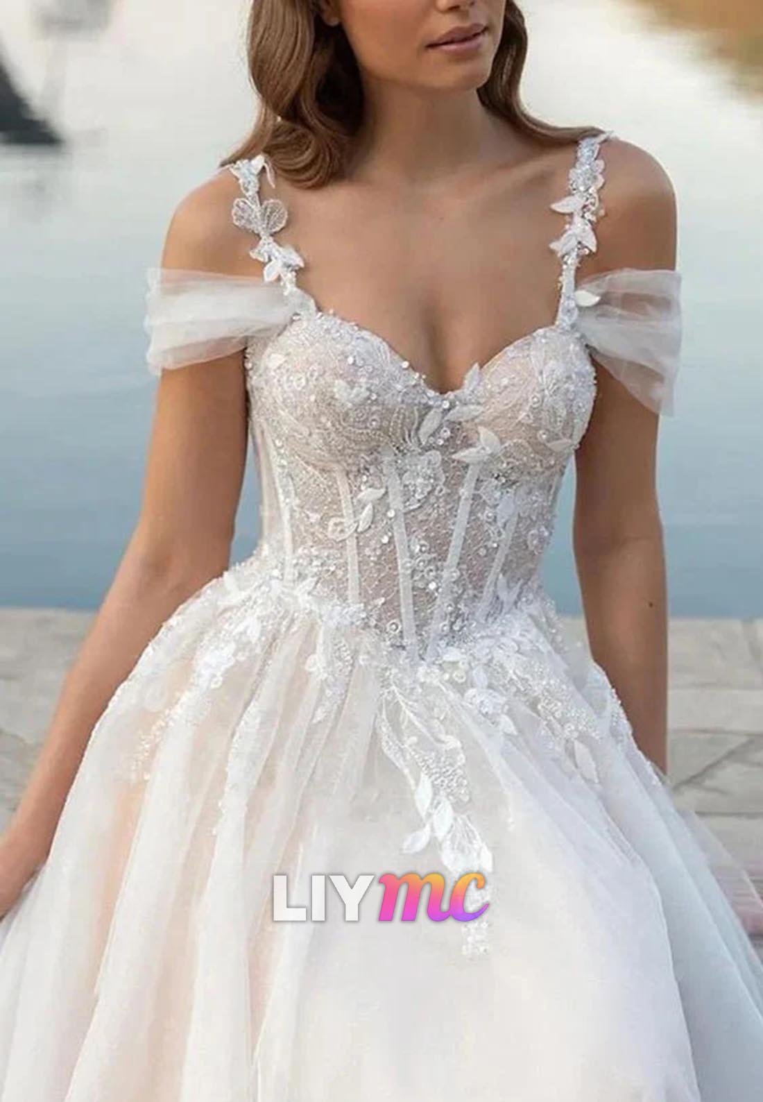 A-Line Off-Shoulder Appliques Tulle Wedding Dress