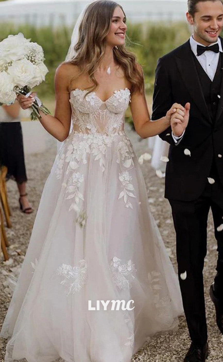 LW641 - A-Line Sweetheart Sweep Train Tulle Wedding Dresses With Appliques Lace
