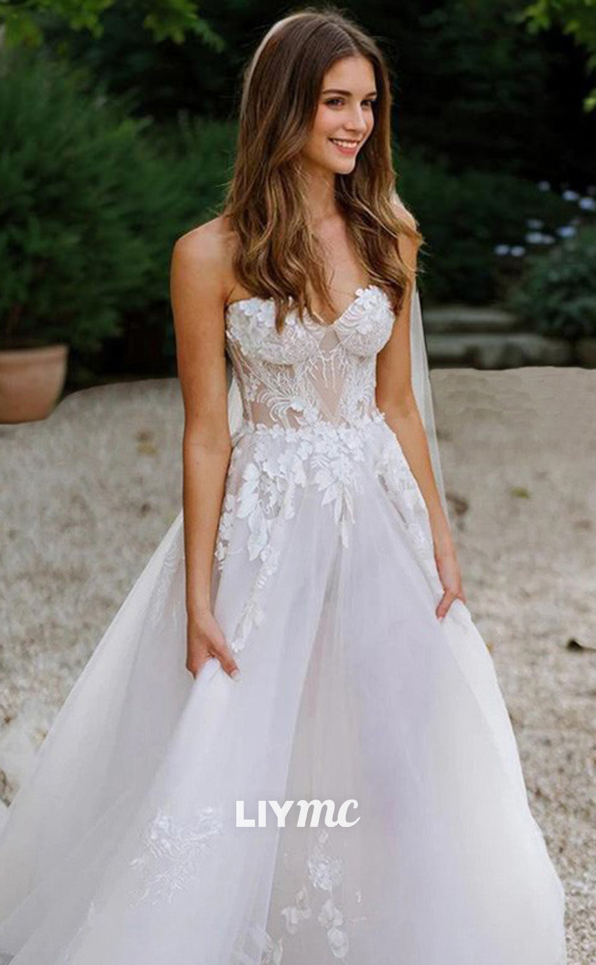 LW641 - A-Line Sweetheart Sweep Train Tulle Wedding Dresses With Appliques Lace