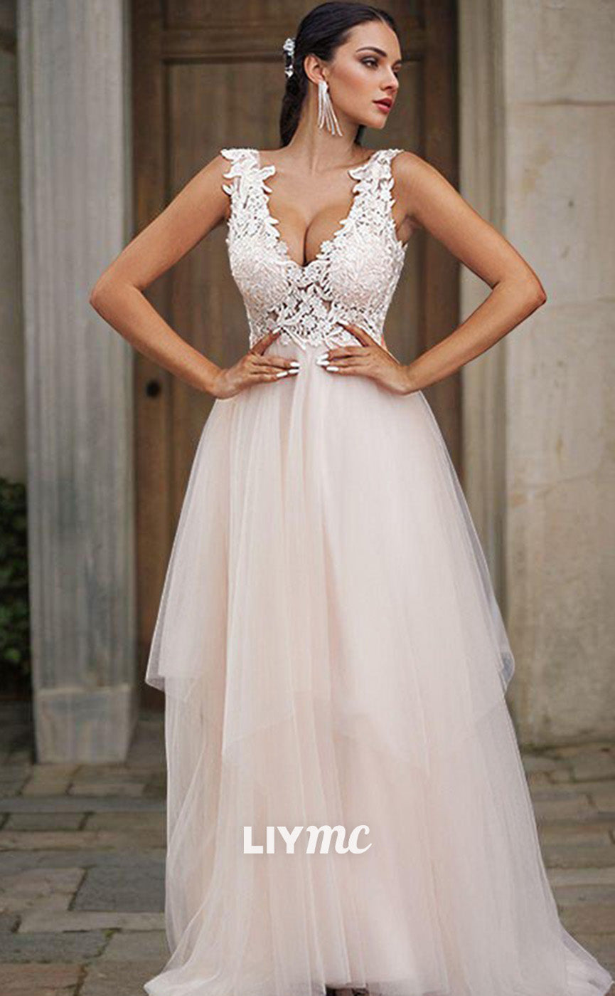 LW640 - A-Line Princess Tulle Applique V-neck Sleeveless Sweep Train Wedding Dresses