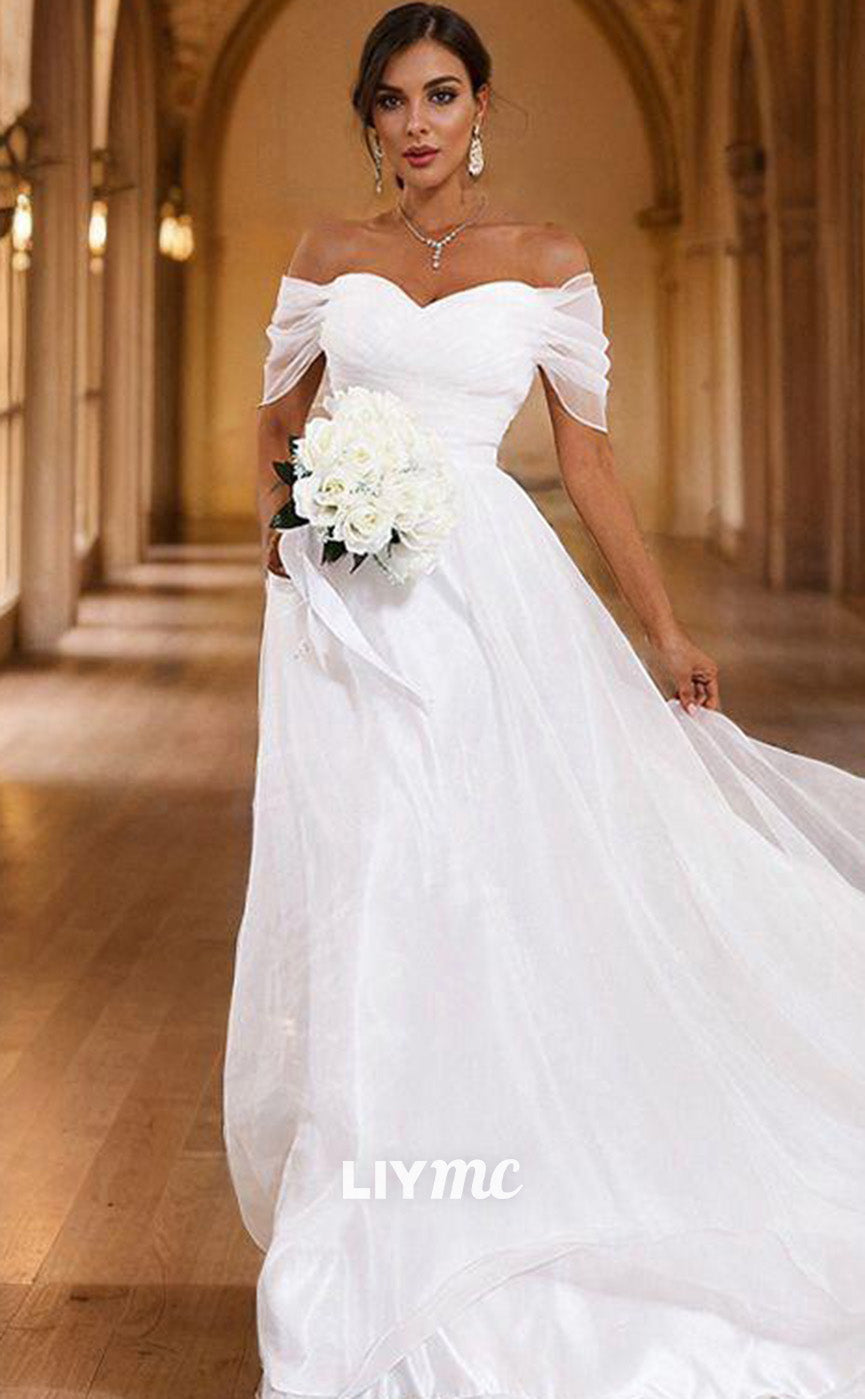 LW639 - A-Line Princess Tulle Ruched Off-the-Shoulder Sleeveless Sweep Train Wedding Dresses