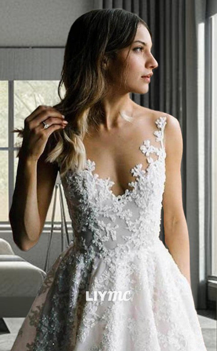 LW635 - A-Line Princess V-neck Sweep Train Lace Wedding Dresses With Appliques Lace