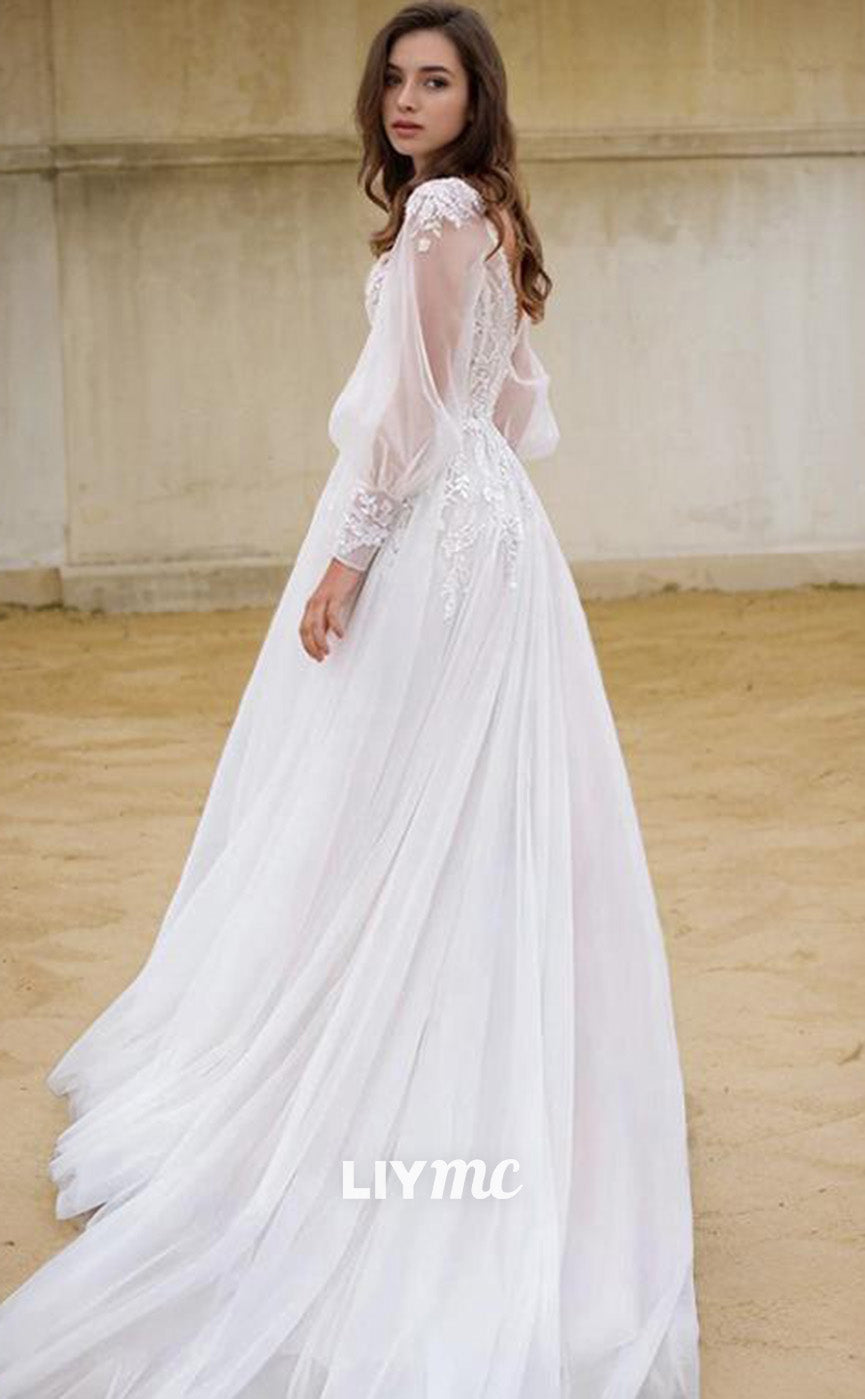 LW633 - A-Line Princess V-neck Sweep Train Lace Wedding Dresses With Leg Slit