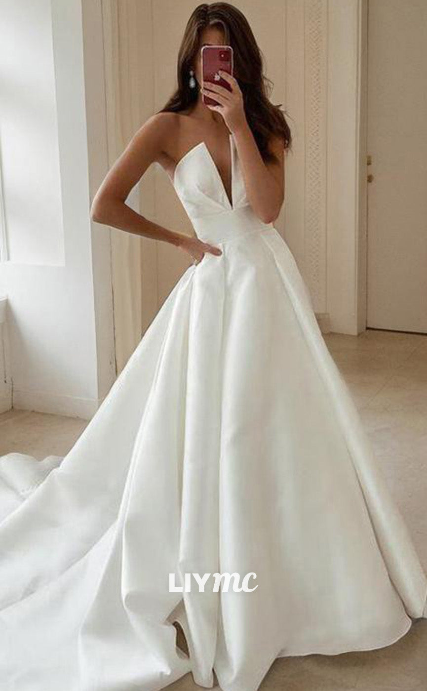 LW630 - A-Line Princess V-neck Sweep Train Satin Wedding Dresses Liymc LW630 - A-Line Princess V-neck Sweep Train Satin Wedding Dresses Liymc